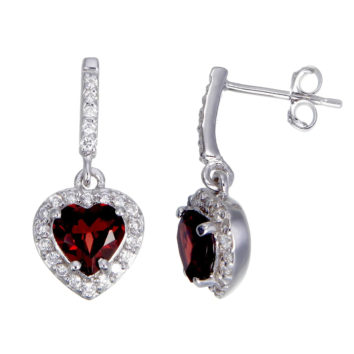 0.95 cttw Garnet Dangle Earrings .925 Sterling Silver With Rhodium 6 MM Heart