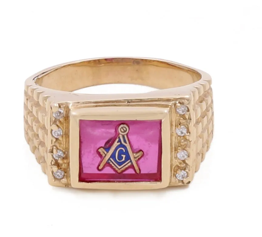 14K Yellow Gold Men's Masonry Pink Stone Ring