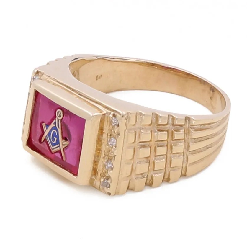 14K Yellow Gold Men's Masonry Pink Stone Ring