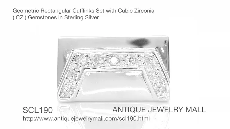 1950's Design Geometric Rectangular Solid Sterling Silver Mid Century Modern Cufflinks with Cubic Zirconia ( CZ ) Gemstones