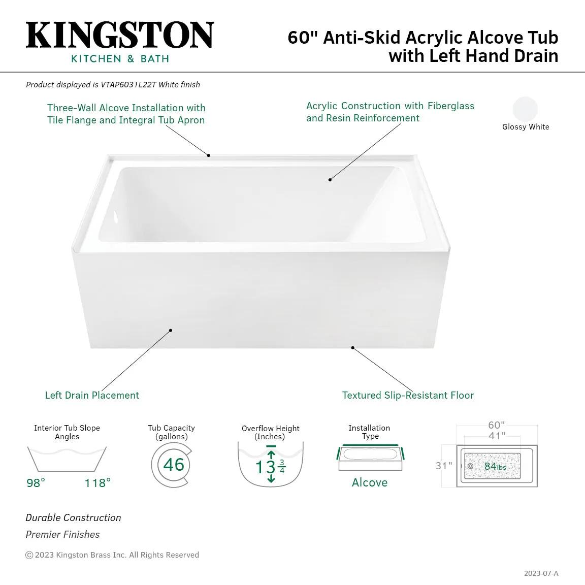 Aqua Eden VTAP6031L22T 60-Inch Acrylic Rectangular 3-Wall Alcove Tub with Anti-Skid Surface, Left Hand Drain Hole, Glossy White