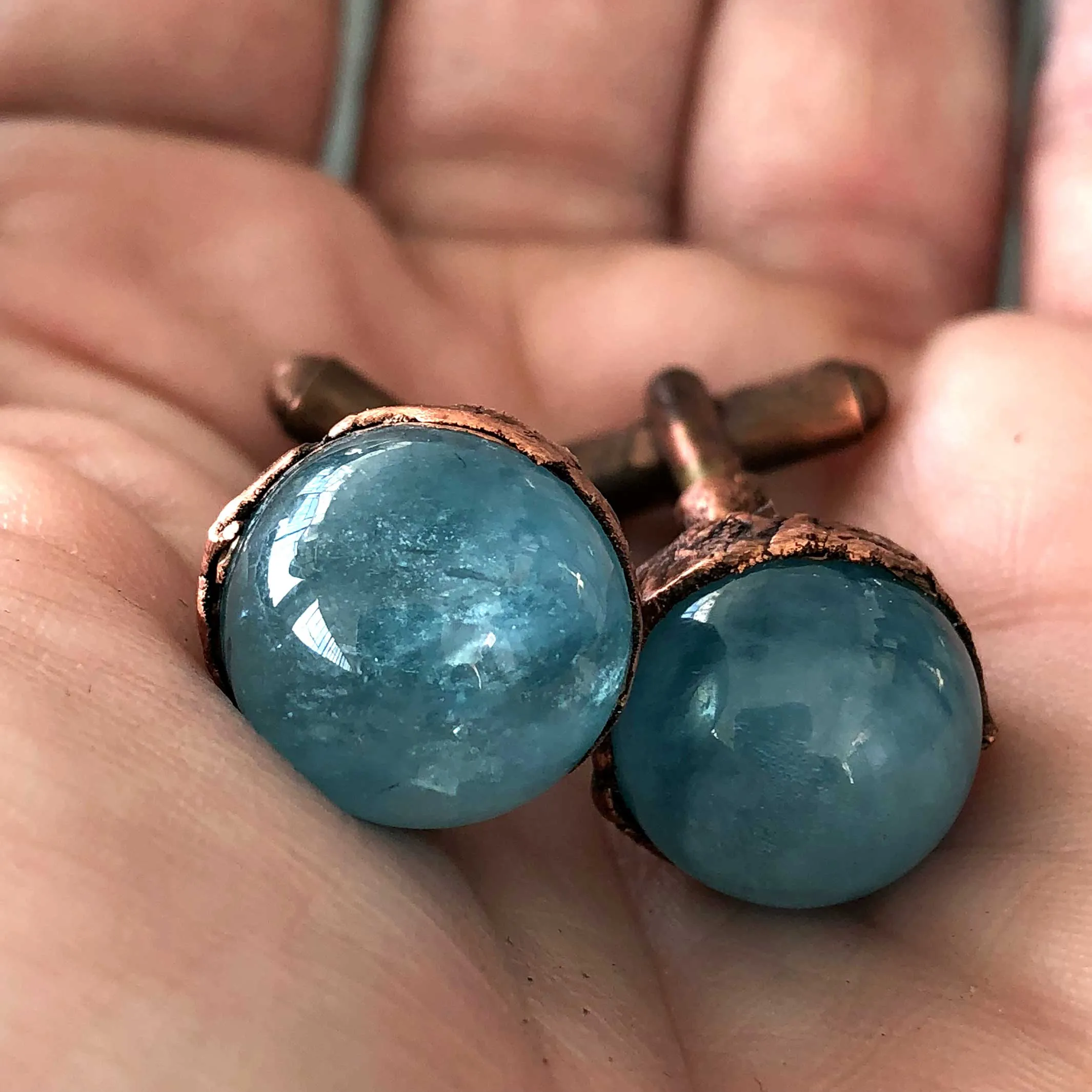 Aquamarine Sphere Cufflinks, Electroformed copper gemstone cuff links