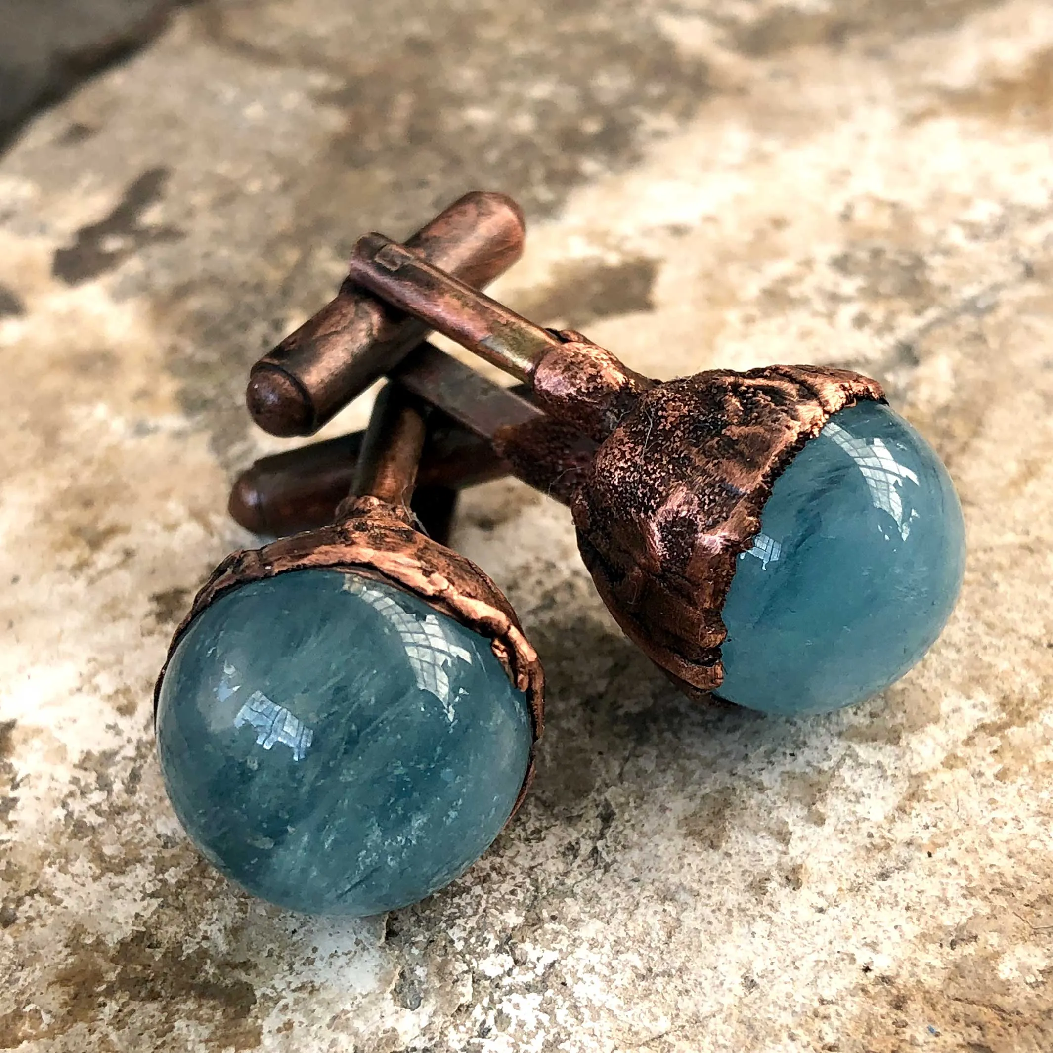 Aquamarine Sphere Cufflinks, Electroformed copper gemstone cuff links