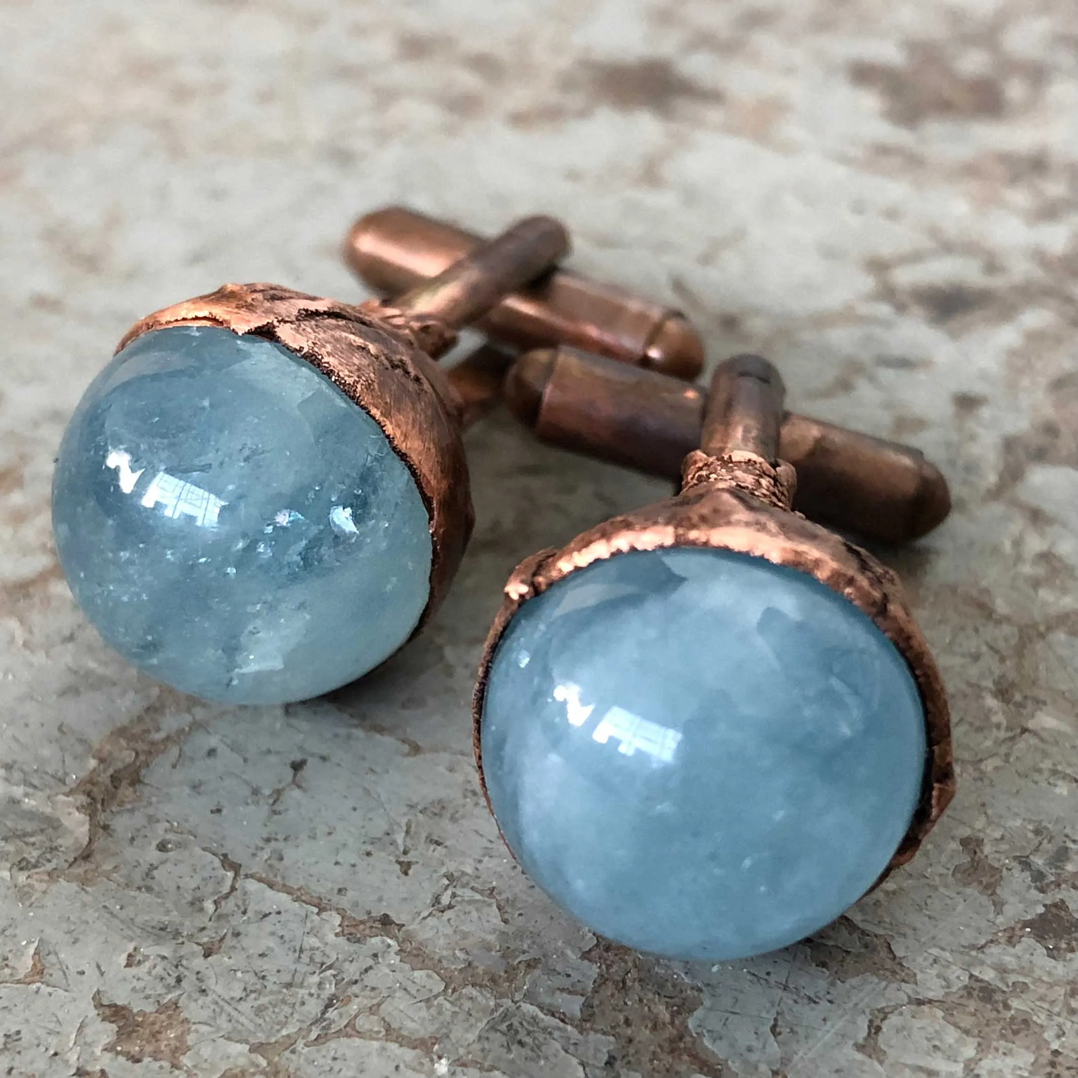 Aquamarine Sphere Cufflinks, Electroformed copper gemstone cuff links