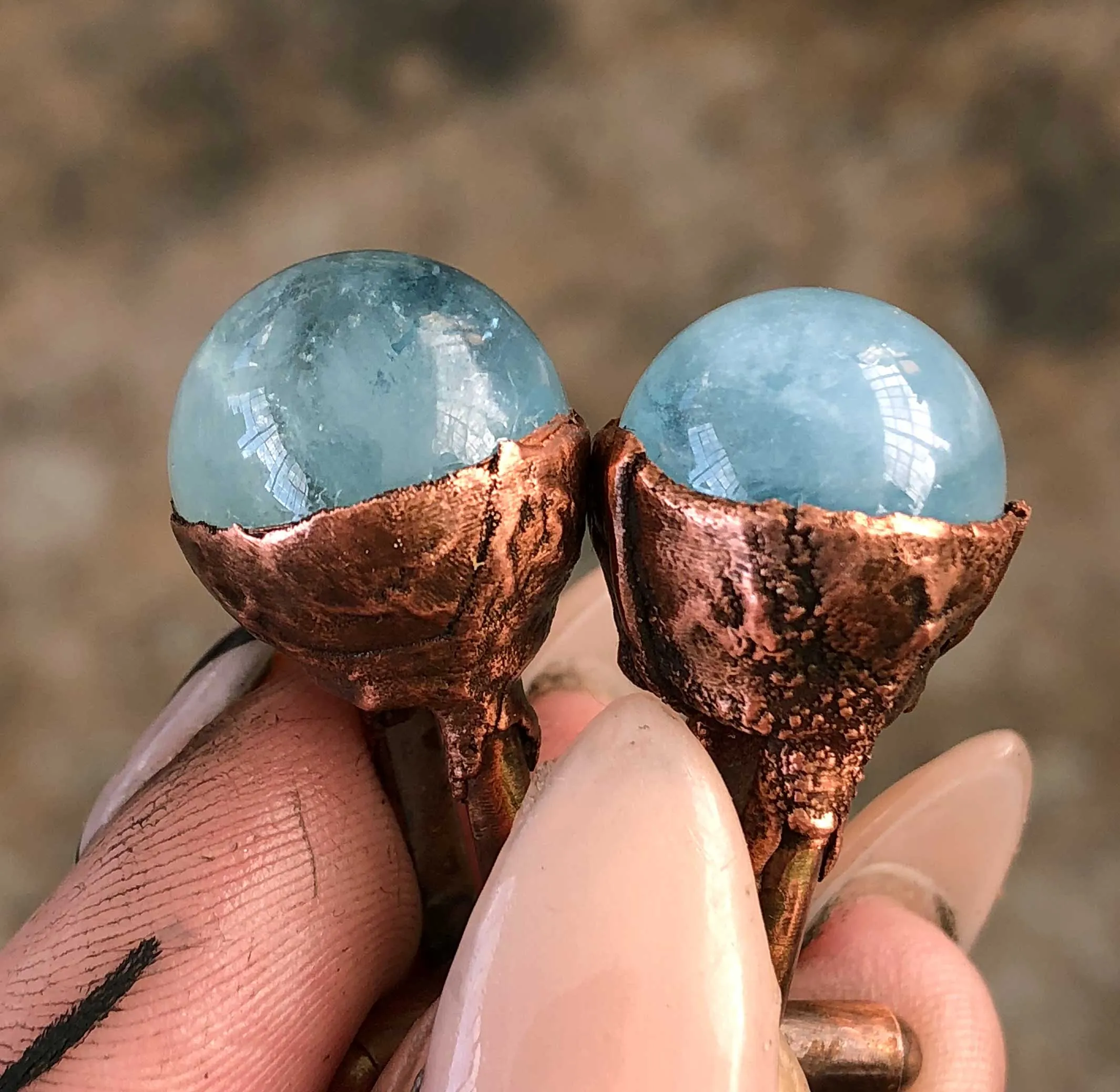 Aquamarine Sphere Cufflinks, Electroformed copper gemstone cuff links