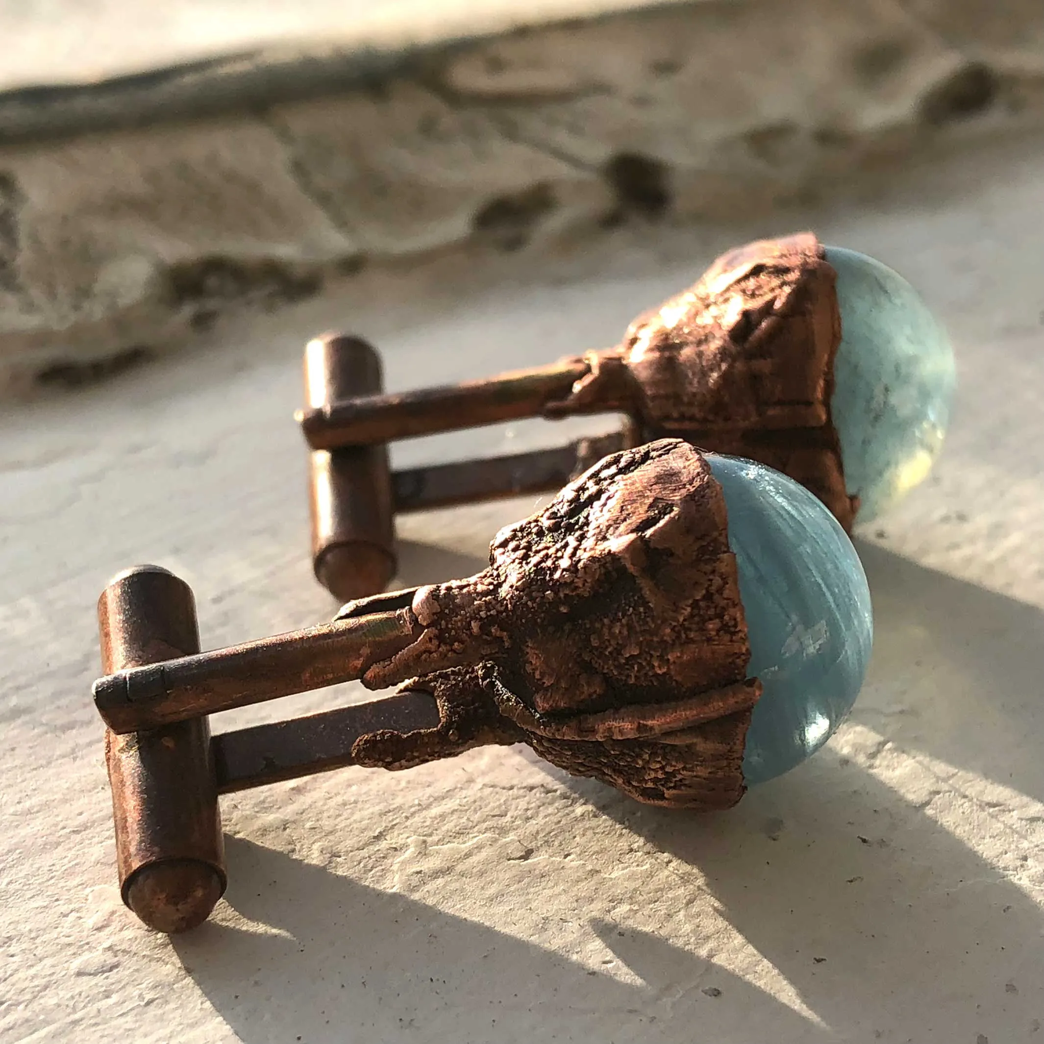 Aquamarine Sphere Cufflinks, Electroformed copper gemstone cuff links