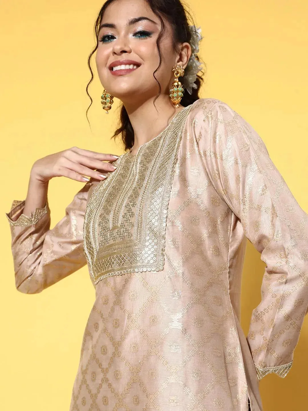 Beige Woven Design Chanderi Silk Straight Kurta