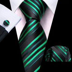 Black and Forest Green Striped Tie, Pocket Square, and Cufflinks Set