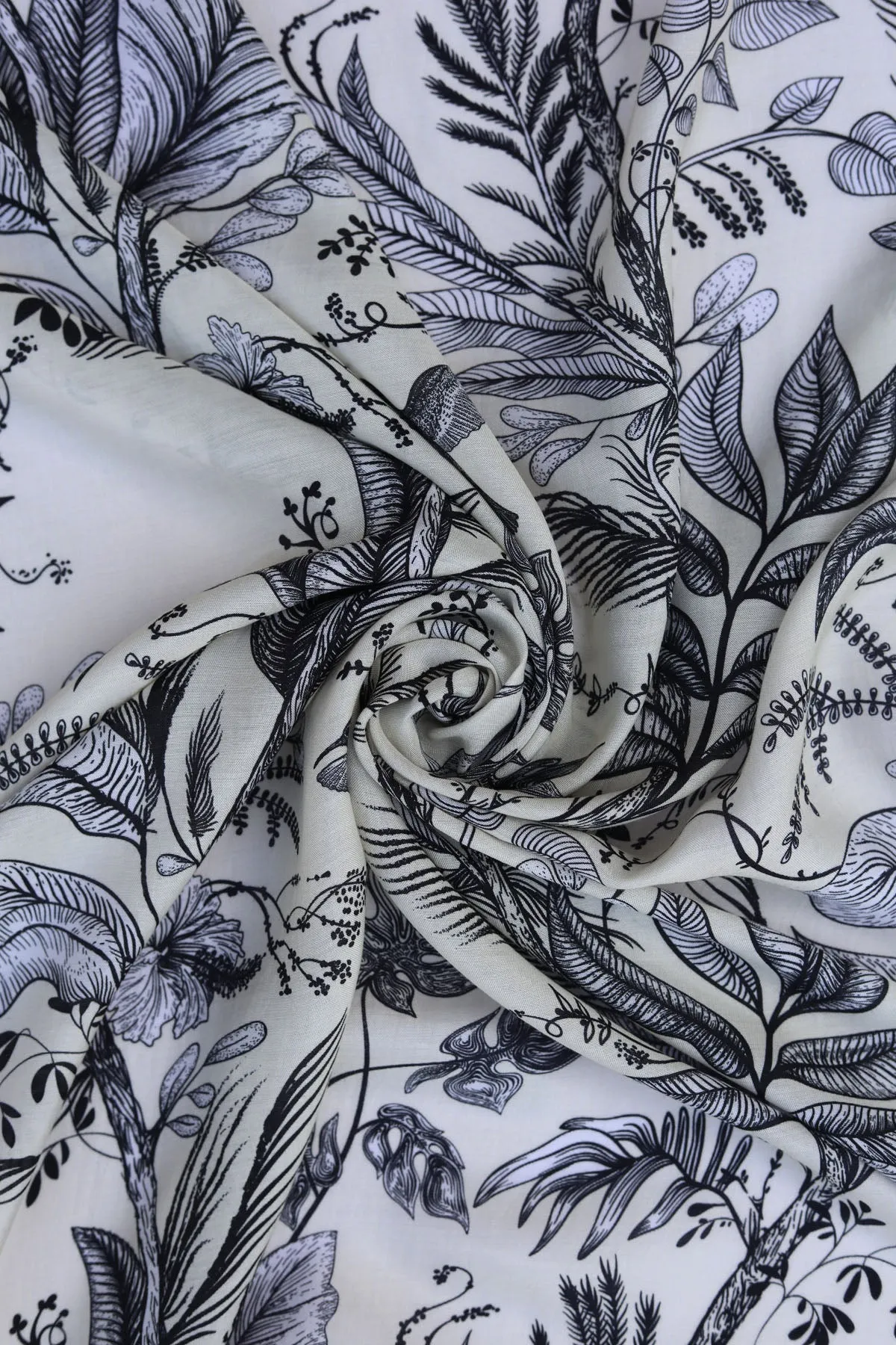 Black and Ivory Wallpaper Inspired Floral Pattern Printed Natural Muslin Silk Fabric