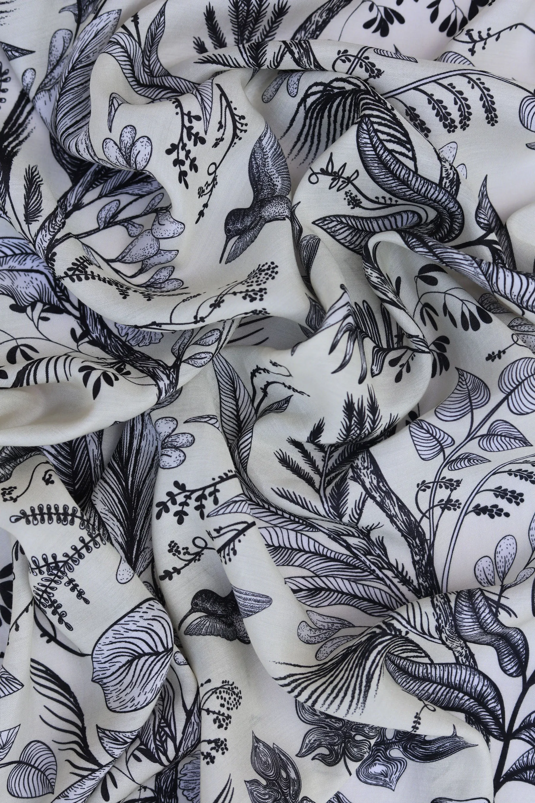 Black and Ivory Wallpaper Inspired Floral Pattern Printed Natural Muslin Silk Fabric