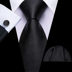 Black Geometric Jacquard Tie, Pocket Square, and Cufflinks Set