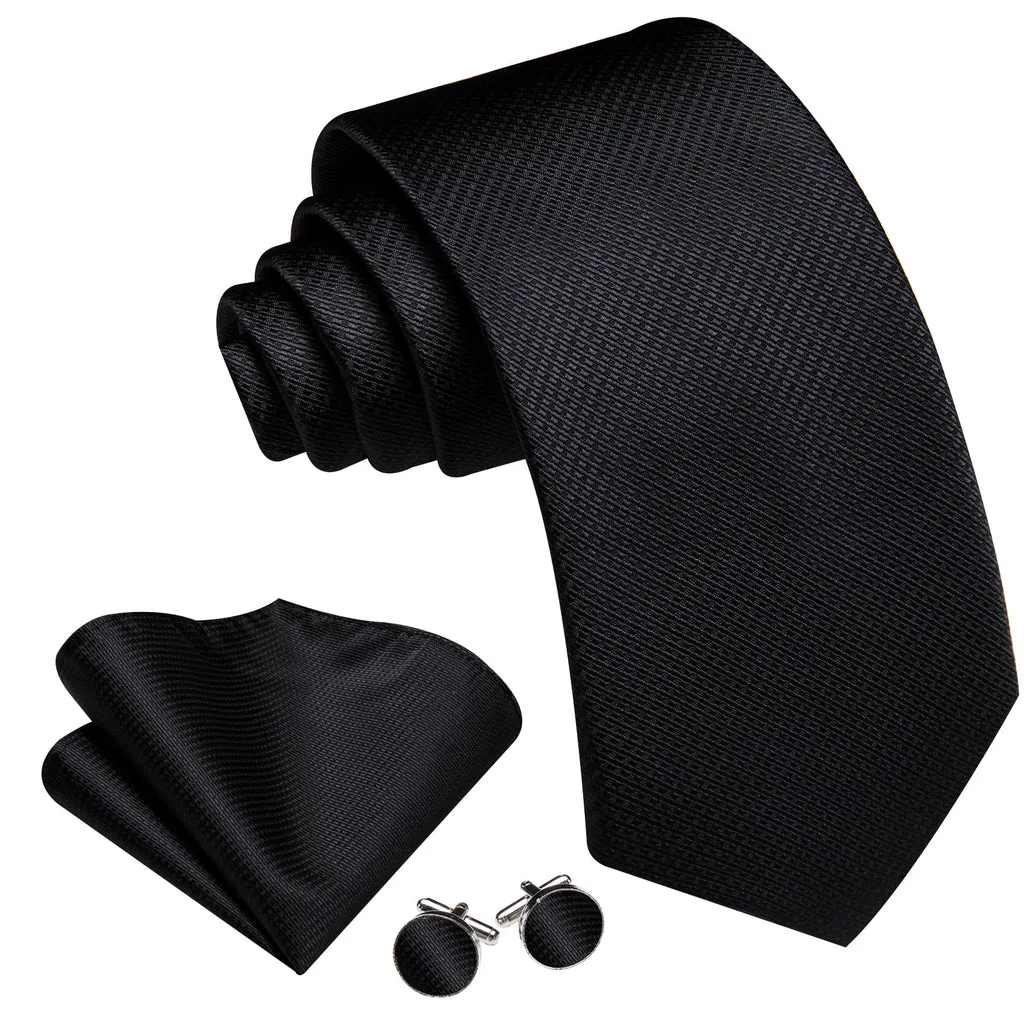 Black Geometric Jacquard Tie, Pocket Square, and Cufflinks Set