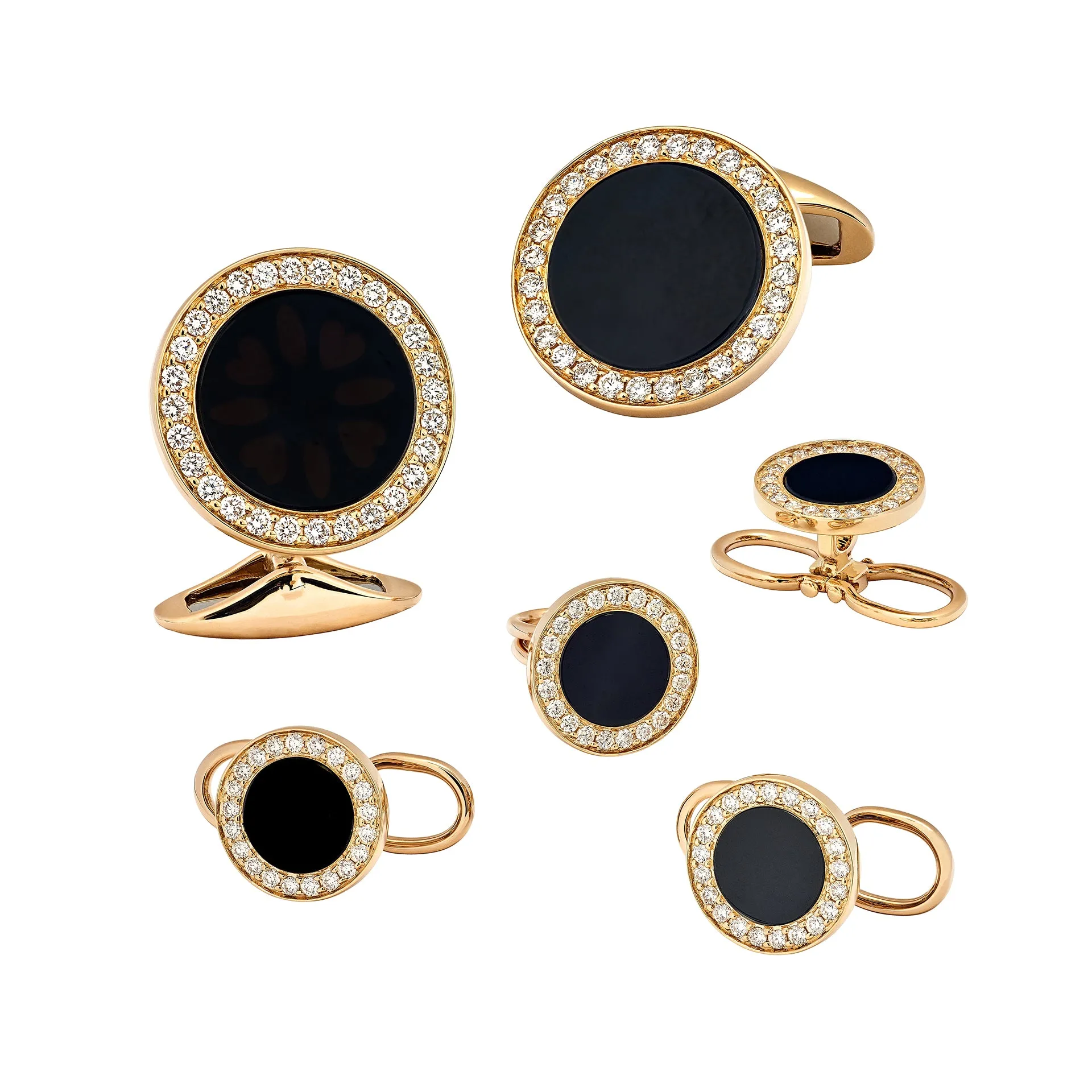 Black Onyx & Diamond 18KT Gold Tuxedo Studs & Cufflinks Set