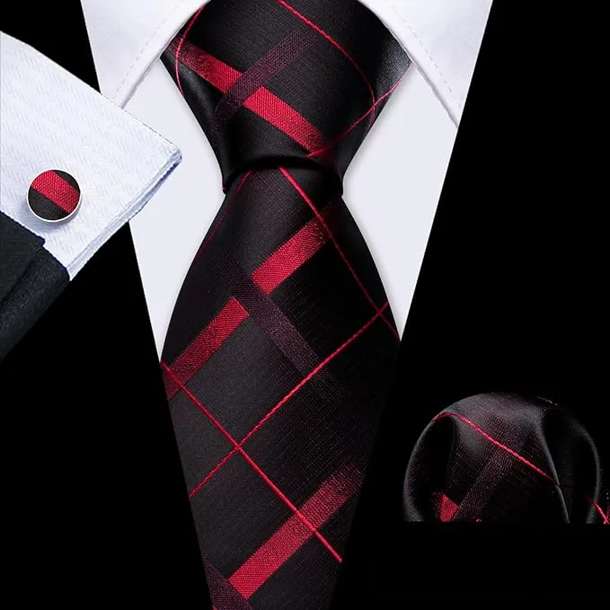 Black Red Maroon Plaid Striped Necktie Set-LBWY1415