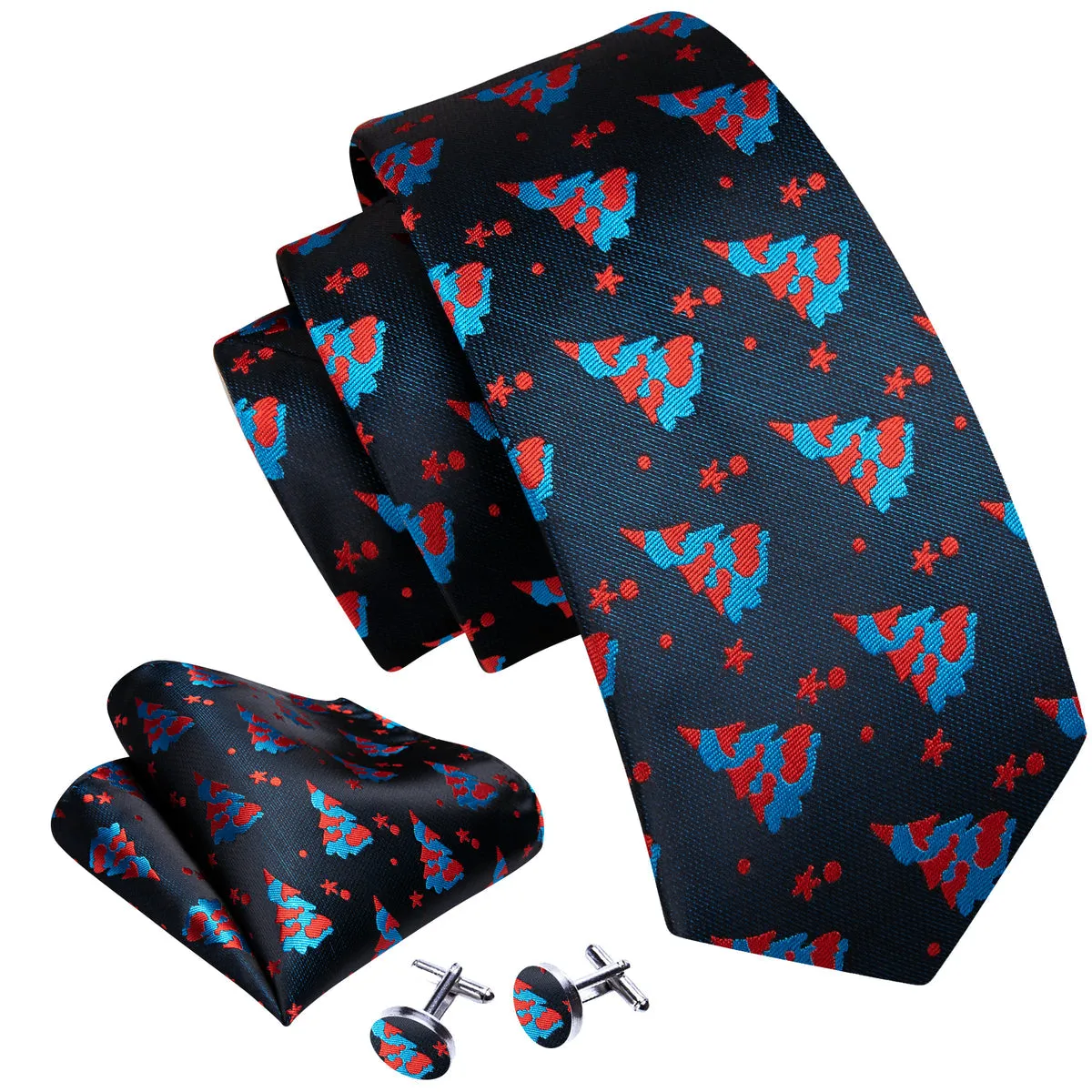 Blue & Red Christmas Jacquard Silk Tie, Pocket Square, and Cufflinks Set