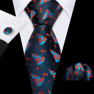 Blue & Red Christmas Jacquard Silk Tie, Pocket Square, and Cufflinks Set