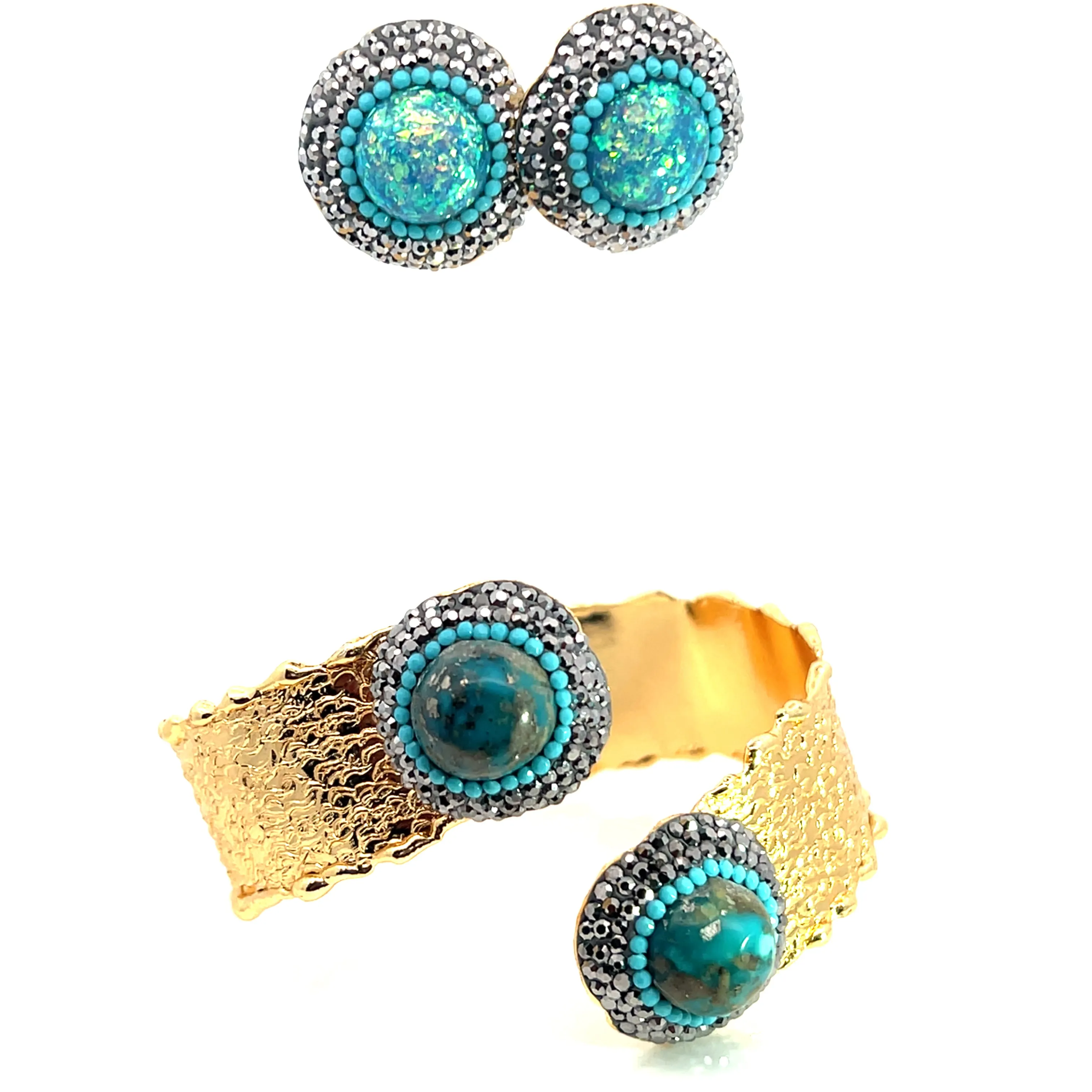 Blue Mixed Cubic & Turquoise Gold Wraparound Adjustable Cuff Bracelet Set