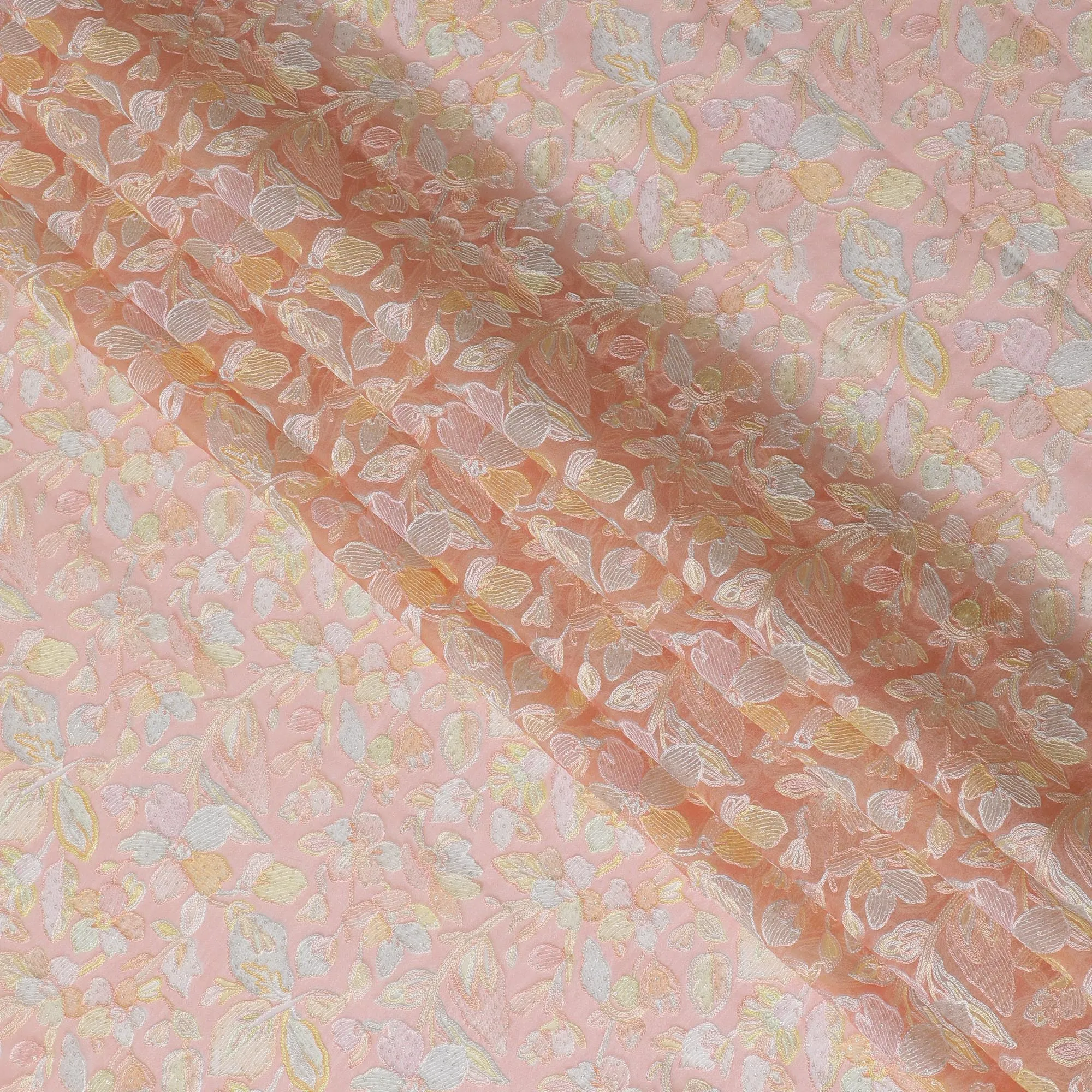 Blush Pink Embroidered Silk Organza Fabric, Delicate Floral Pattern, 110 cm Width-D20106