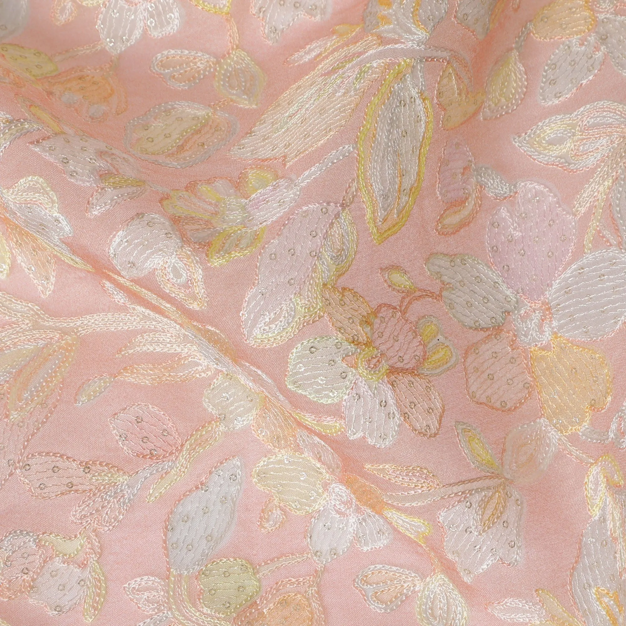 Blush Pink Embroidered Silk Organza Fabric, Delicate Floral Pattern, 110 cm Width-D20106