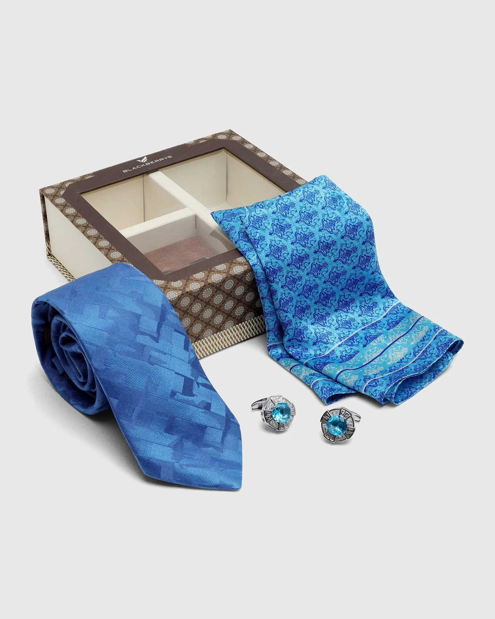 Boxed Combo Printed Tie With Pocket Square And Cufflink In Blue - Tiger