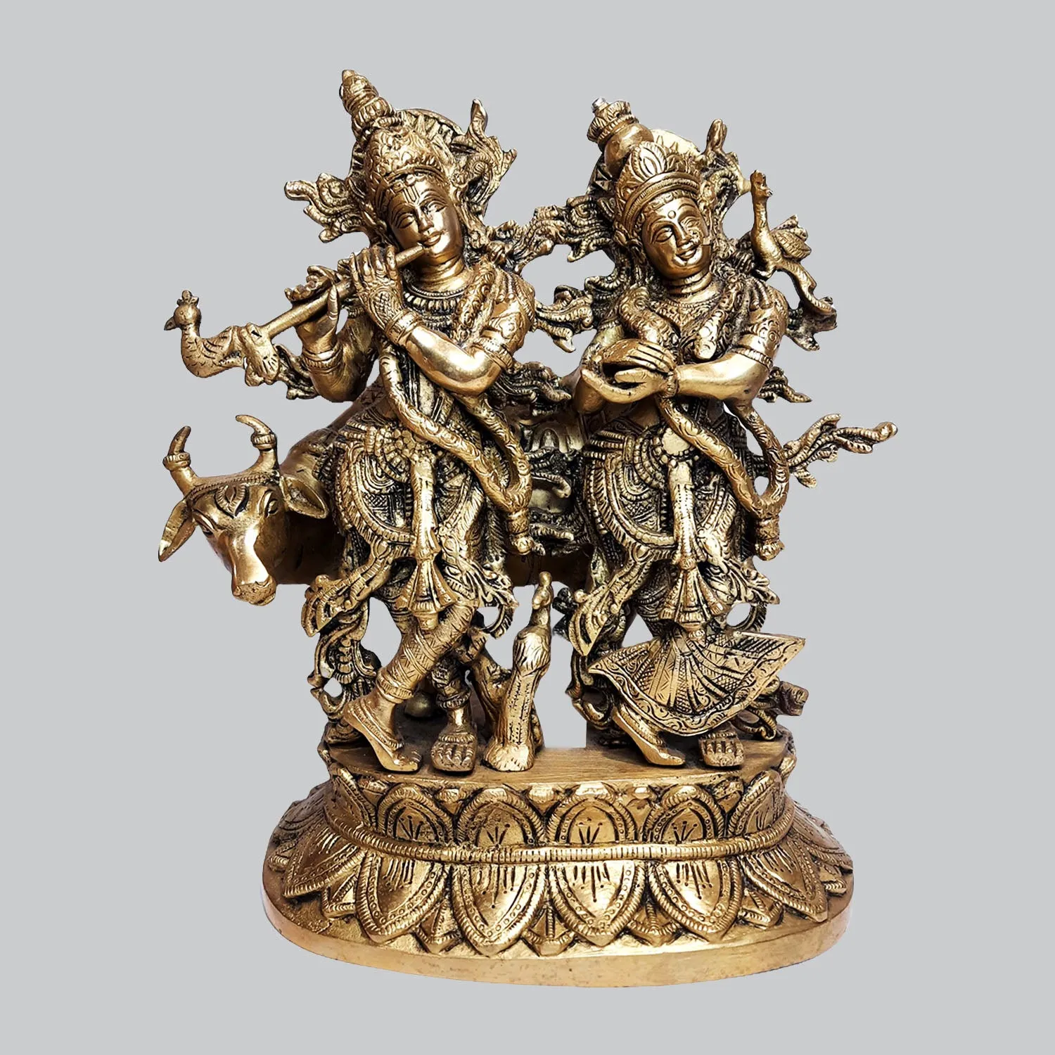 Brass Radha Krishna with Cow 12.5 in