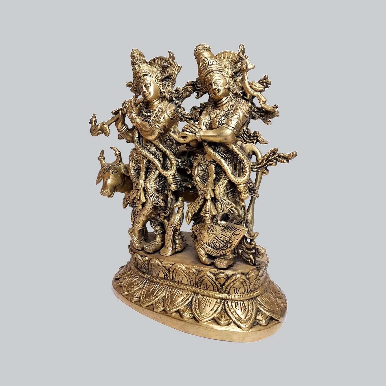 Brass Radha Krishna with Cow 12.5 in