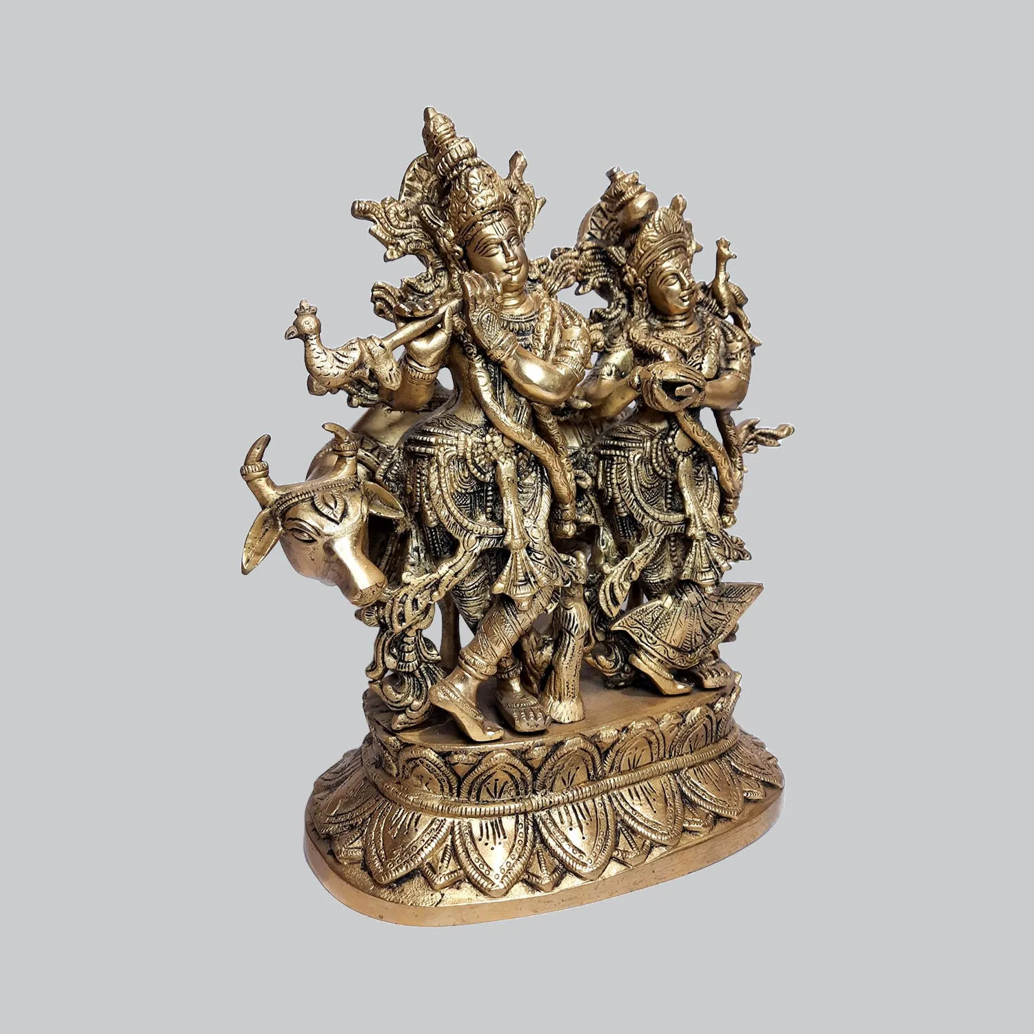 Brass Radha Krishna with Cow 12.5 in