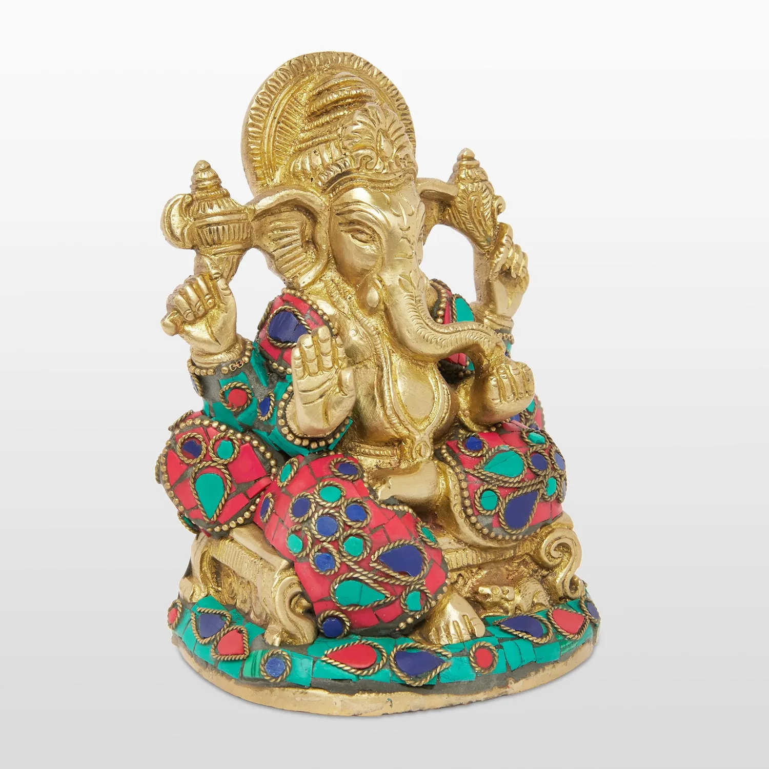 Brass Sitting Ganesha with Stonework 6 in