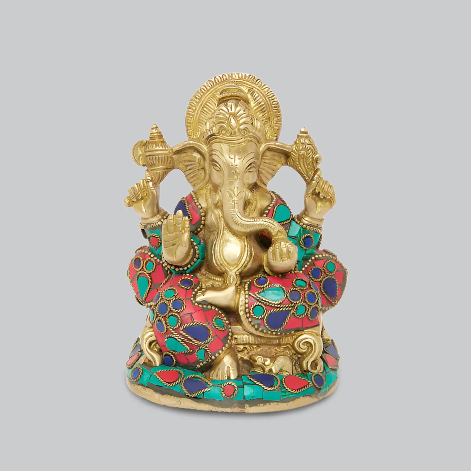 Brass Sitting Ganesha with Stonework 6 in