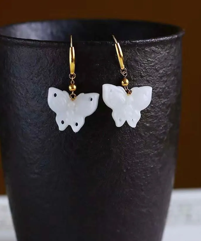 Chic White Sterling Silver Overgild Jade Butterfly Drop Earrings QU032