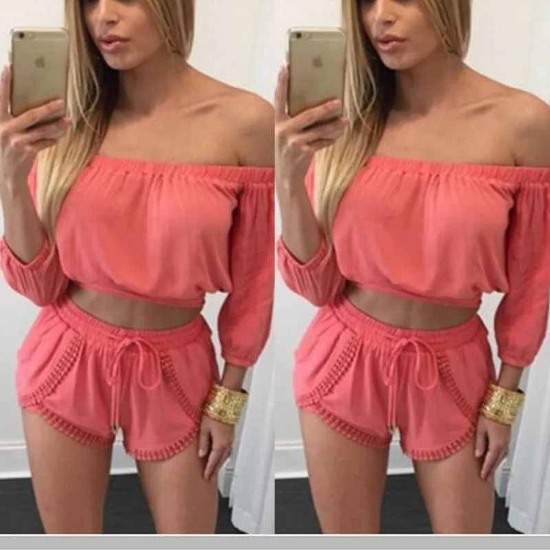 Chiffon Off Shoudler Crop Top with Shorts Two Pieces Set