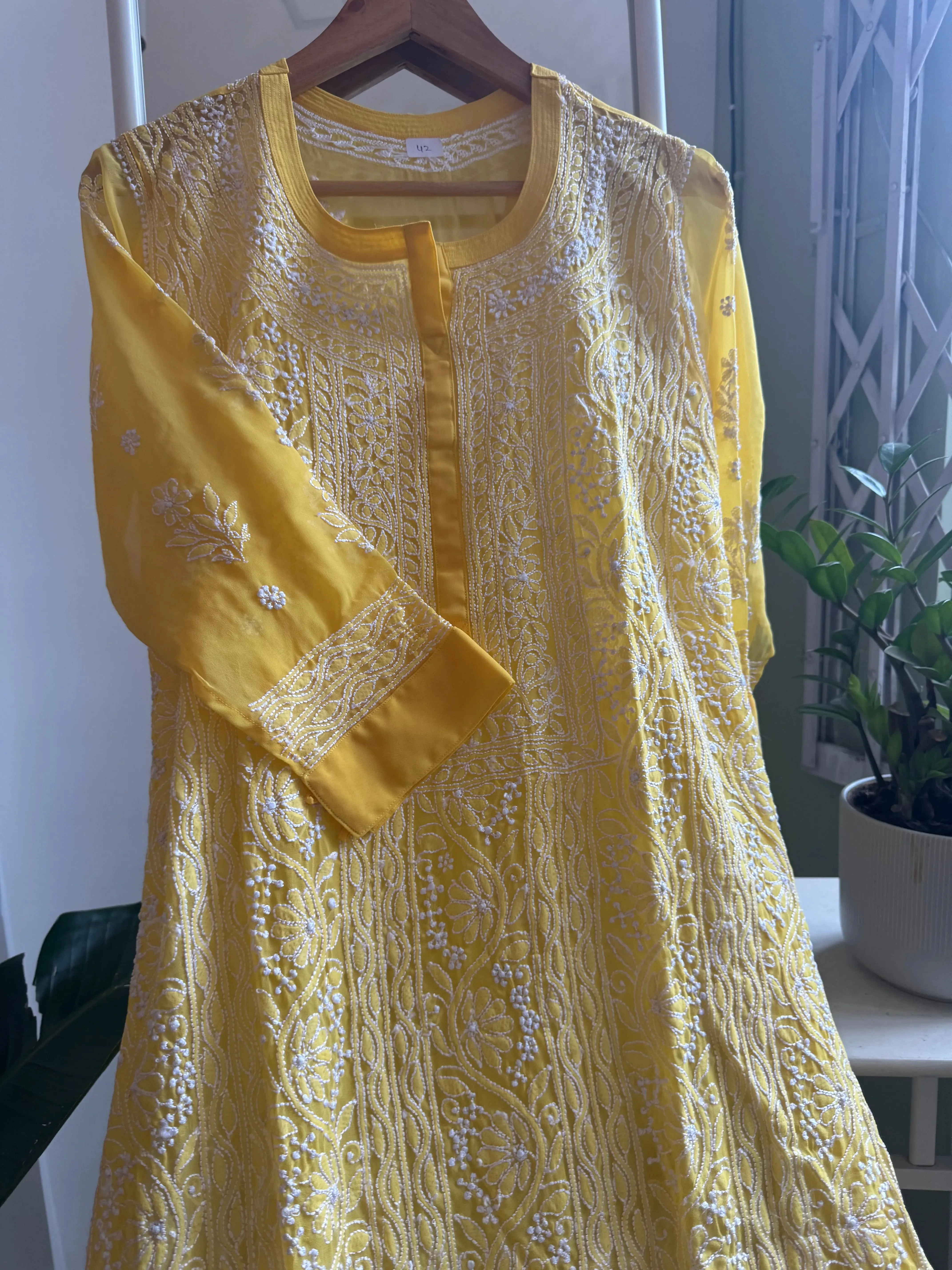 Chikankari Resham Jaal Kurti -  Yellow