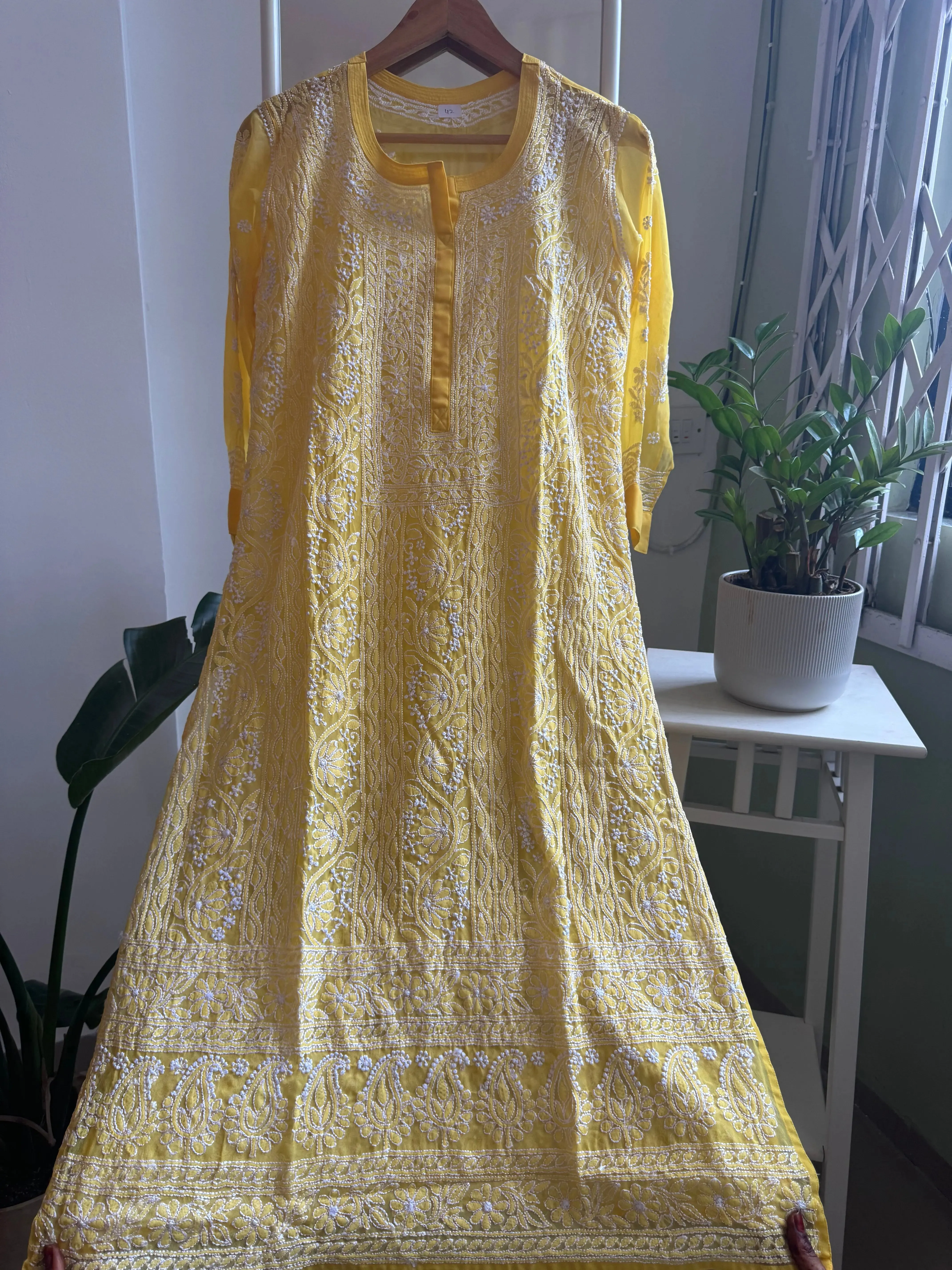 Chikankari Resham Jaal Kurti -  Yellow