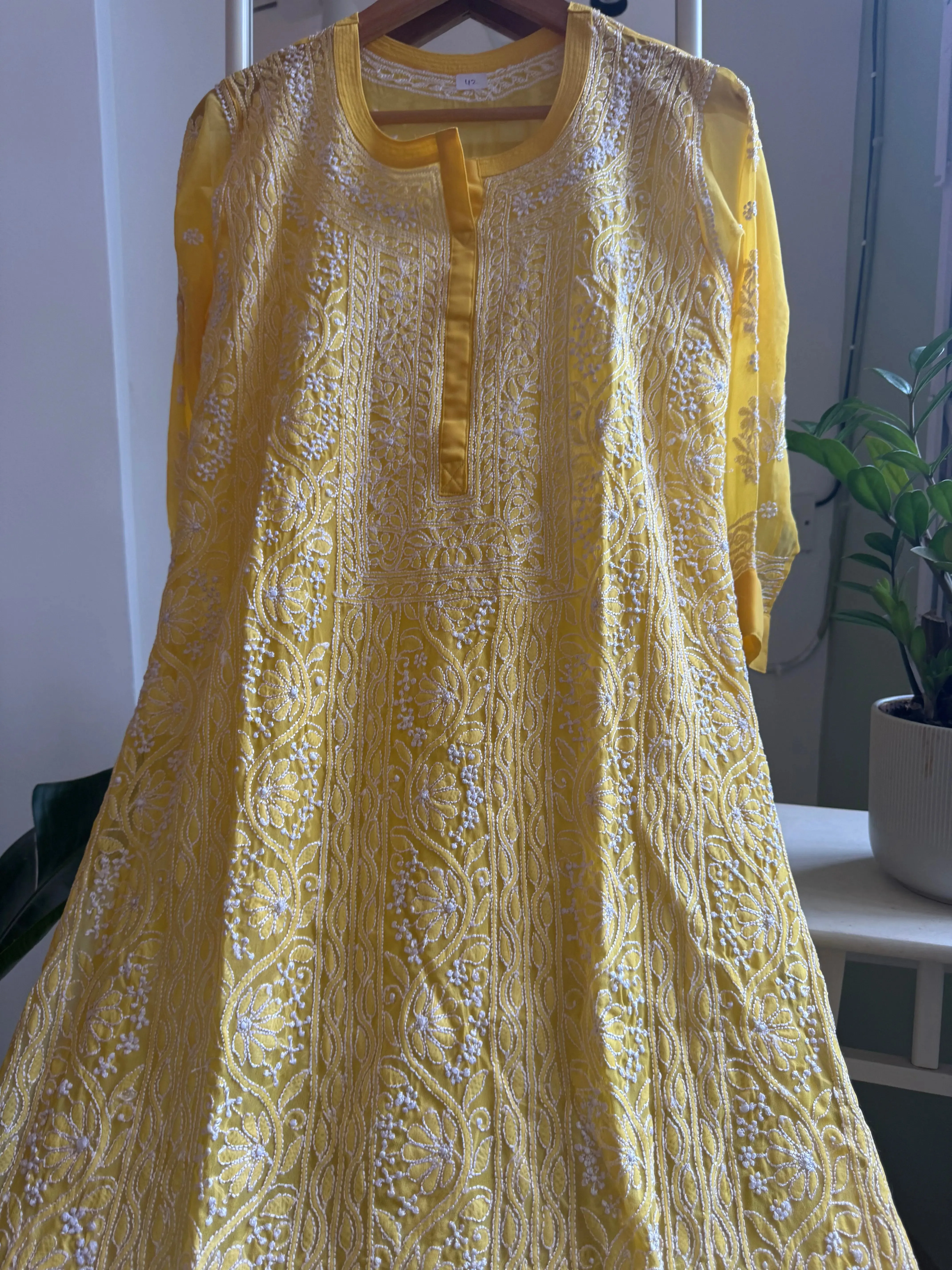 Chikankari Resham Jaal Kurti -  Yellow