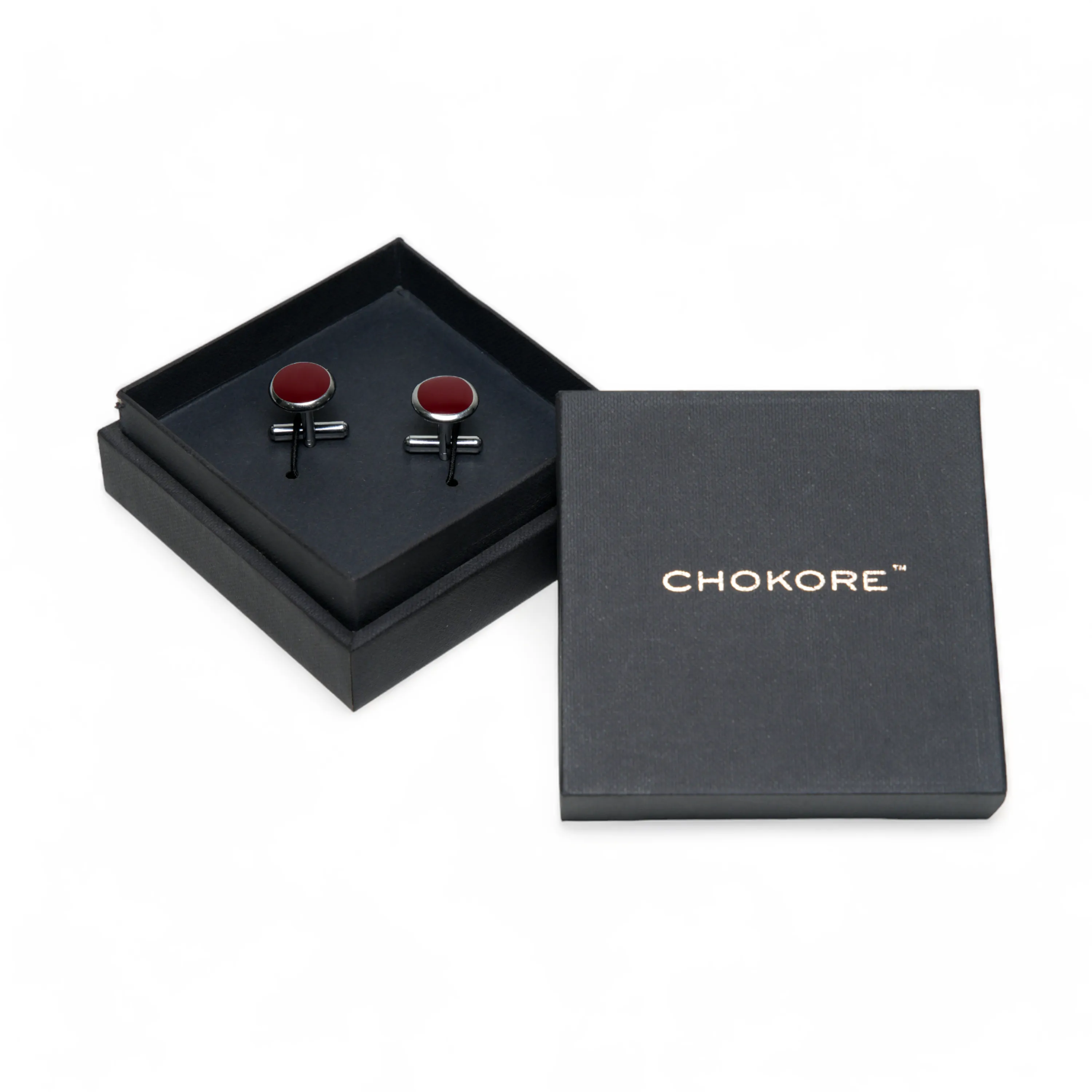 Chokore Round Silver Cufflinks (Burgundy)