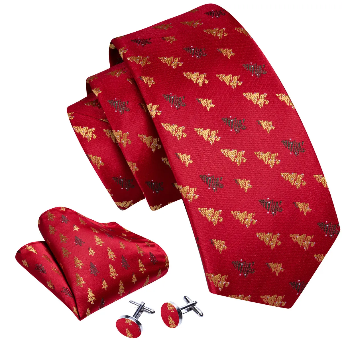 Crimson & Gold Christmas Tree Jacquard Tie, Pocket Square, and Cufflinks Set