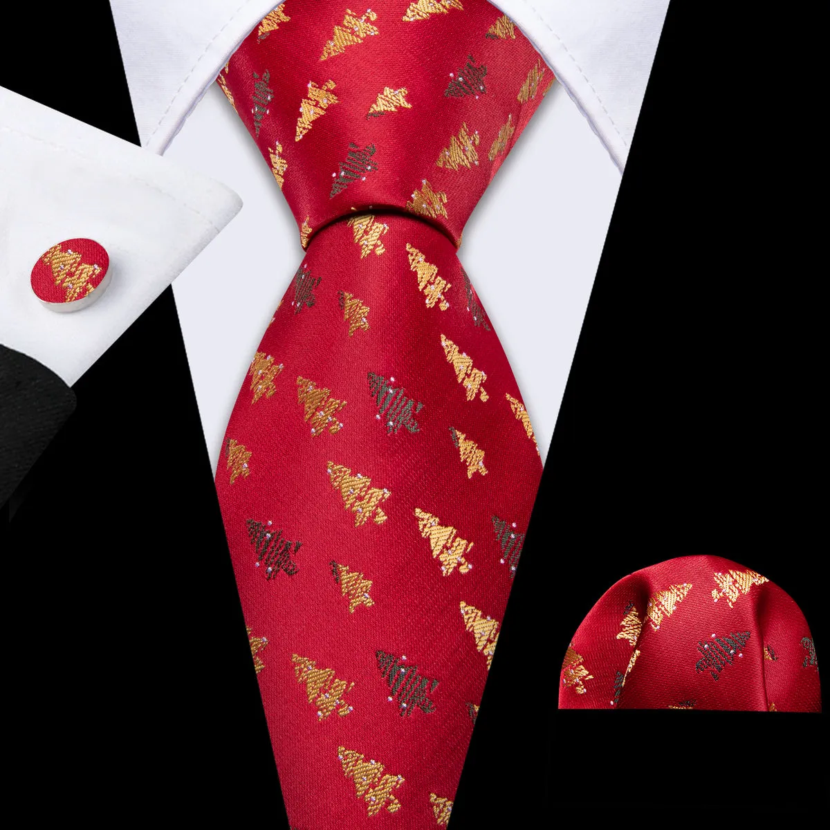 Crimson & Gold Christmas Tree Jacquard Tie, Pocket Square, and Cufflinks Set