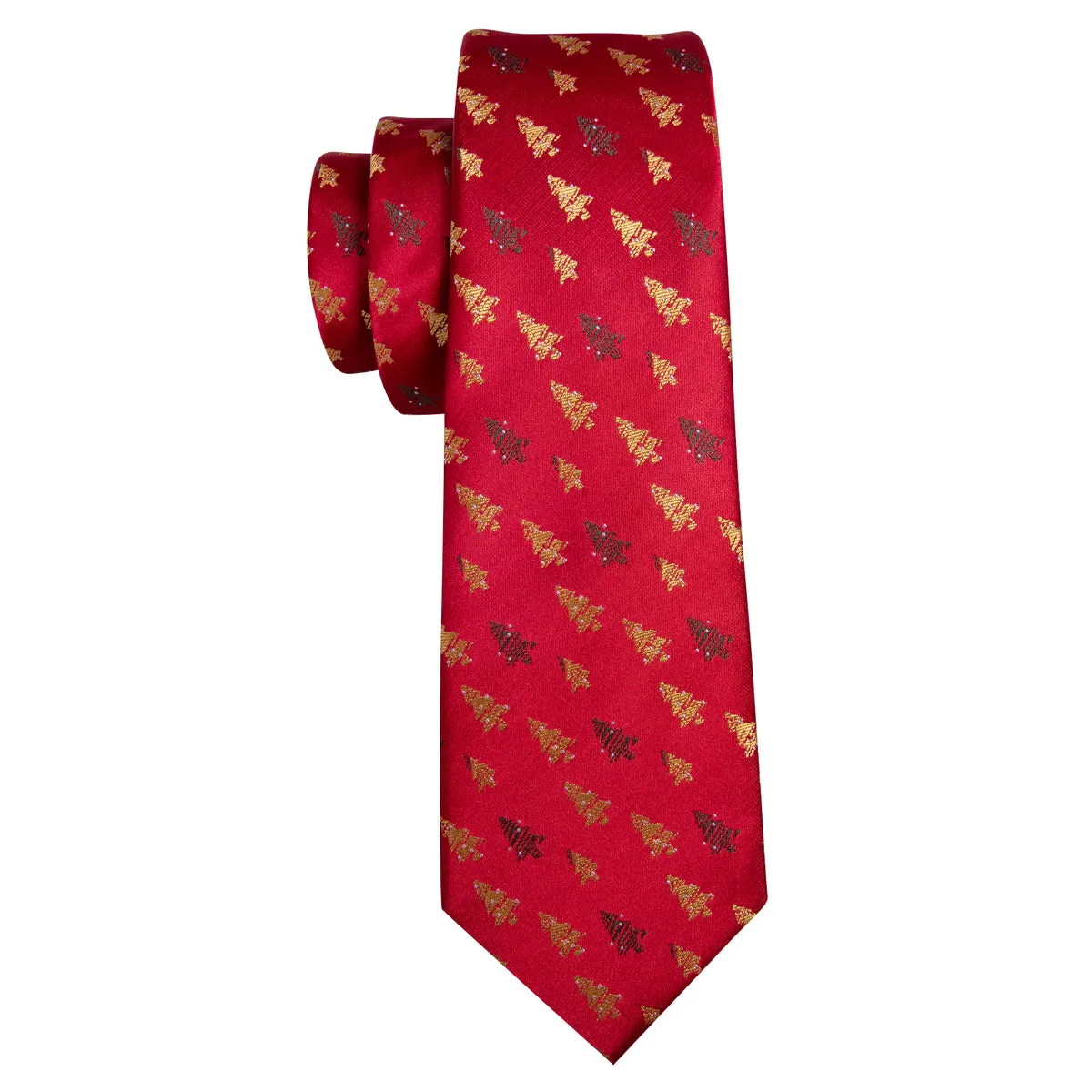 Crimson & Gold Christmas Tree Jacquard Tie, Pocket Square, and Cufflinks Set