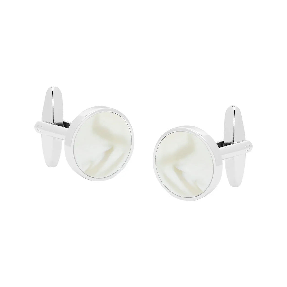 CUFFLINKS. Nickel Polished. Mother of Pearl. Round. Supplied in case.