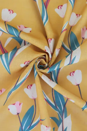 Deep Mustard Floral Pattern Printed Eco Poly Linen Fabric