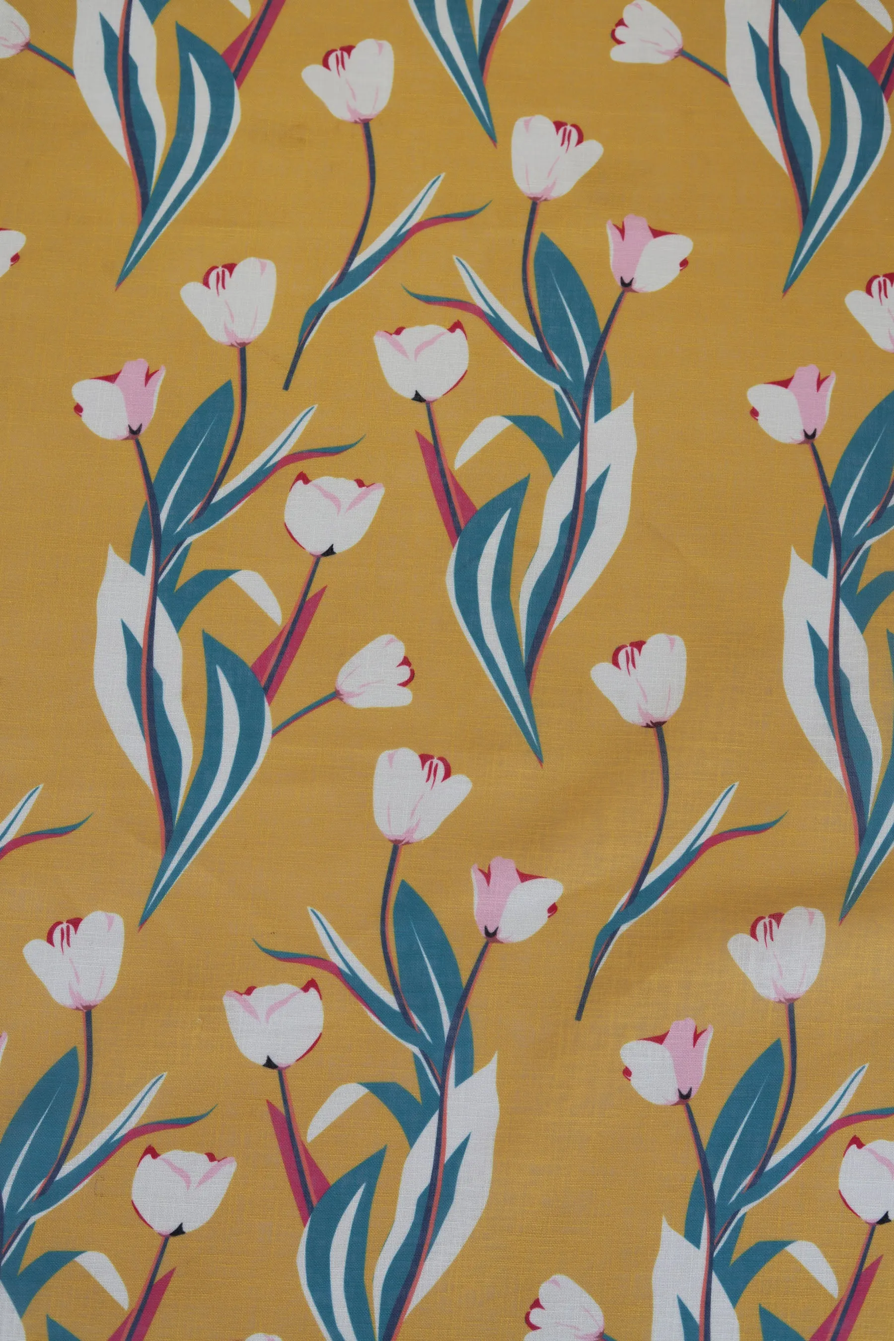 Deep Mustard Floral Pattern Printed Eco Poly Linen Fabric