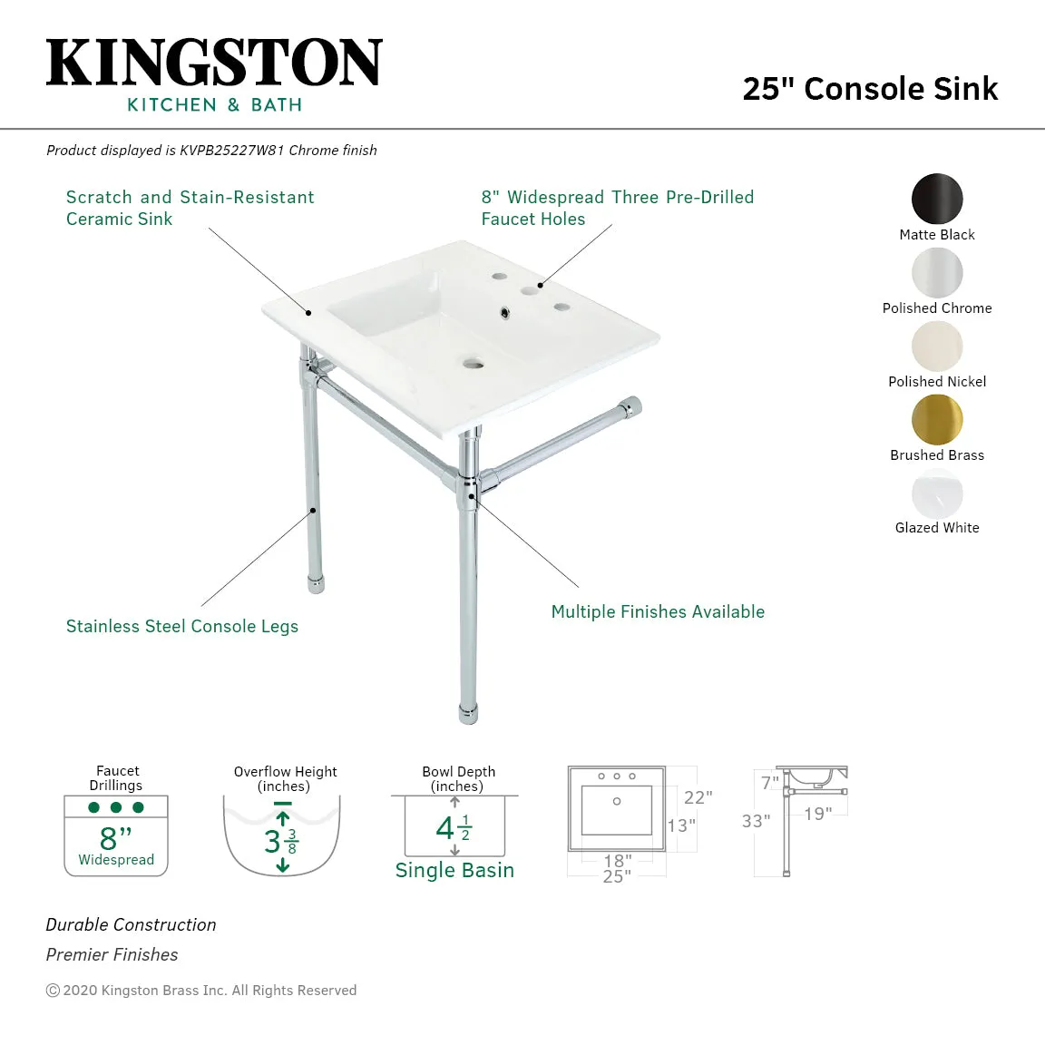 Dreyfuss KVPB25227W86 Console Sink, White/Polished Nickel