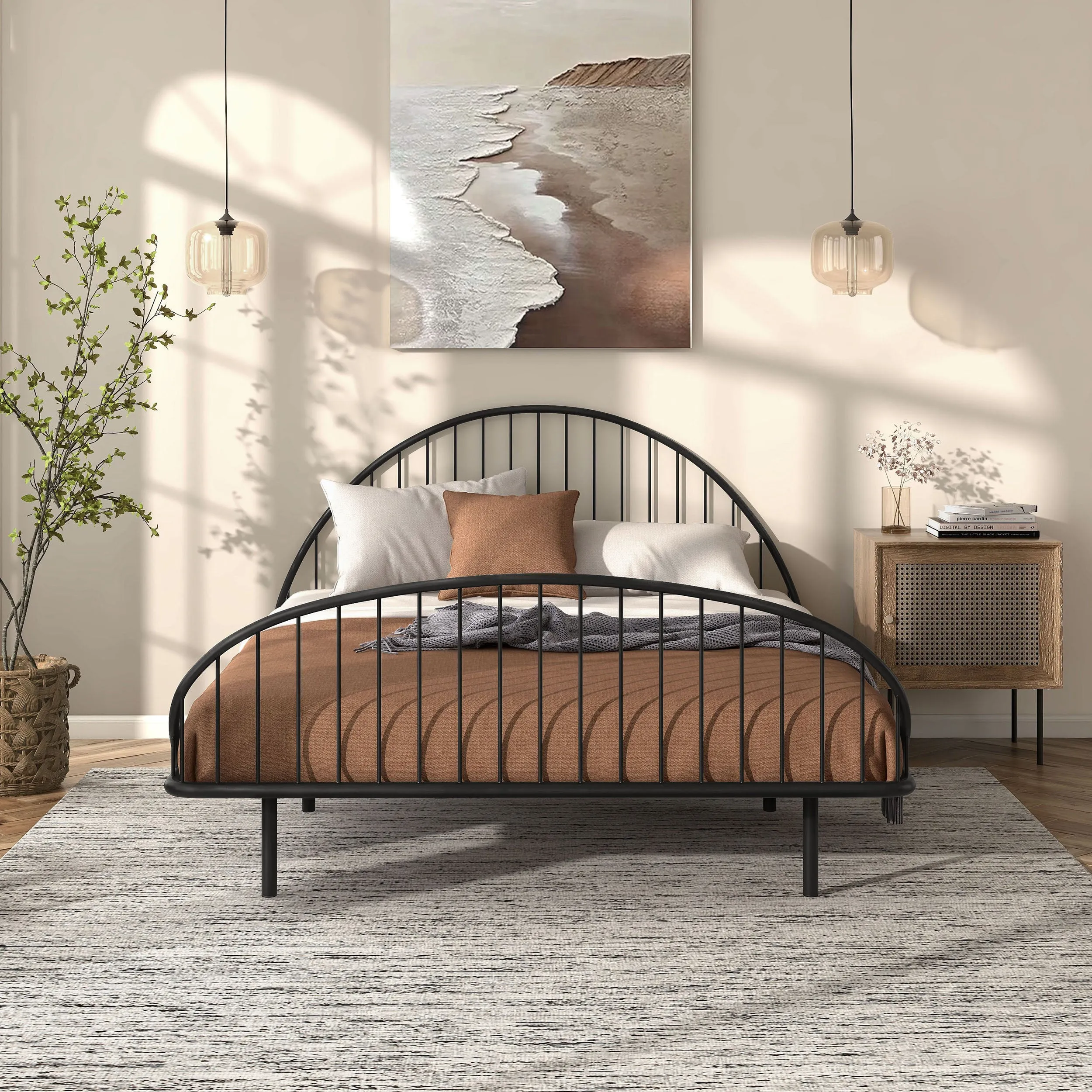 Duke Curved Metal Powder Coated Bed Frame, No Box Spring Needed