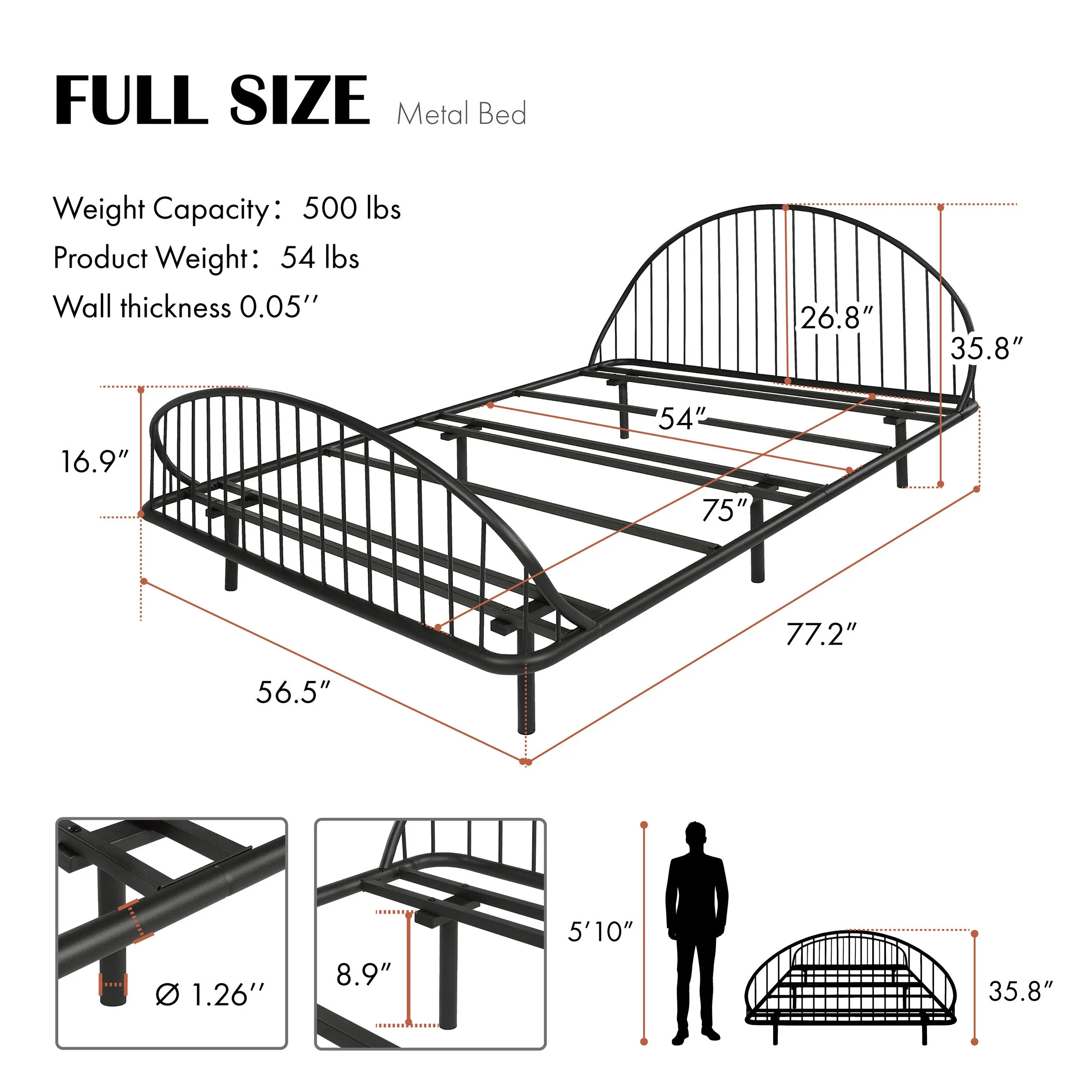 Duke Curved Metal Powder Coated Bed Frame, No Box Spring Needed