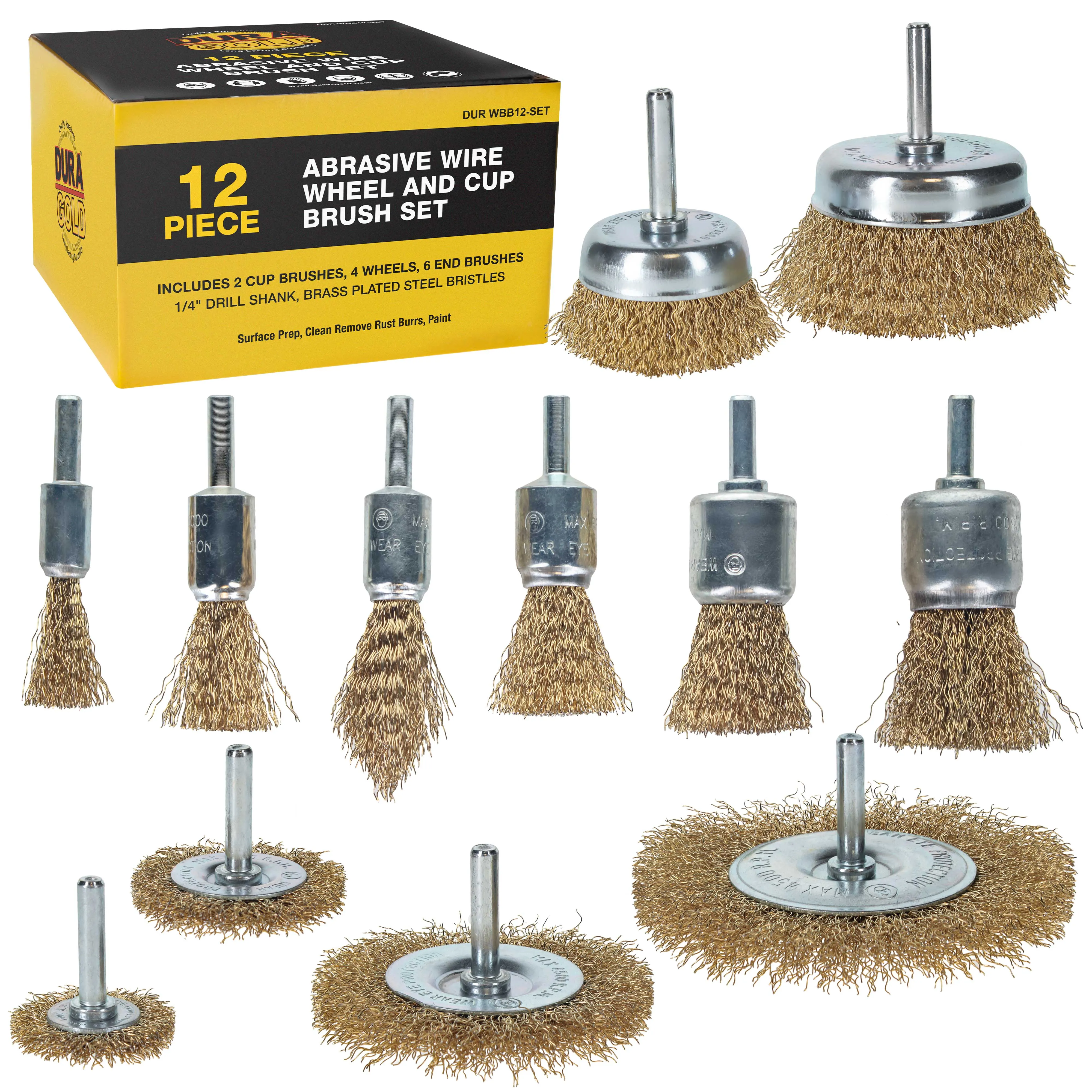 Dura-Gold 12-Piece Abrasive Brass-Coated Wire Wheel, Cup Brush, and End Brush Set, 1/4" Drill Shank - Clean Remove Grind, Strip Rust, Corrosion, Paint