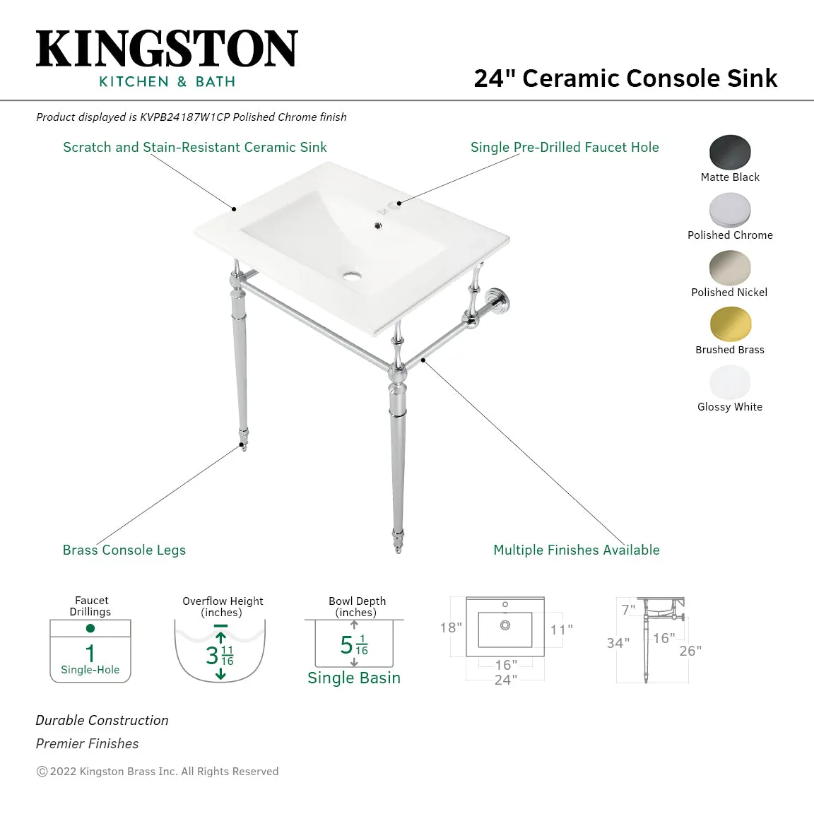 Edwardian KVPB24187W1CP 24-Inch Console Sink with Brass Legs (Single Faucet Hole), White/Polished Chrome