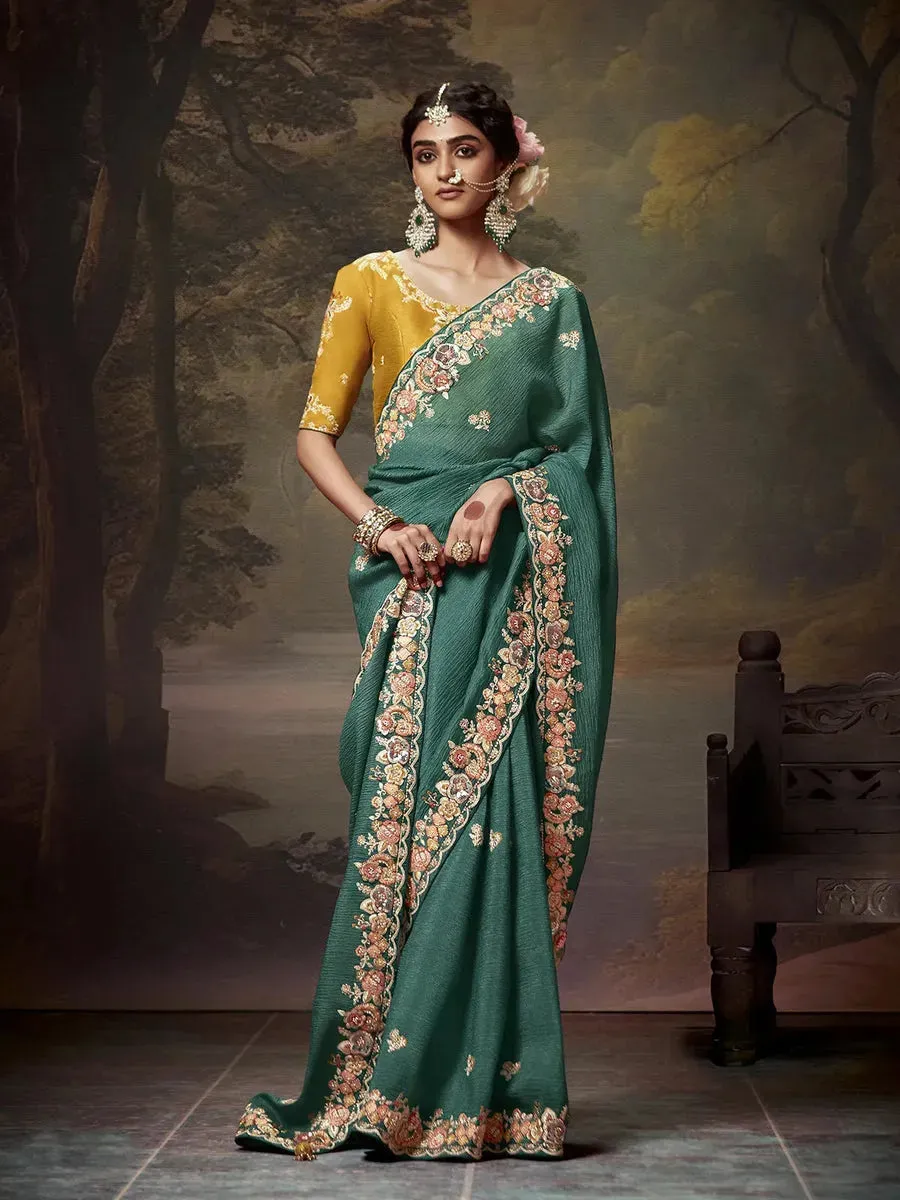 Elegant Aqua Green Embroidered Fancy Saree