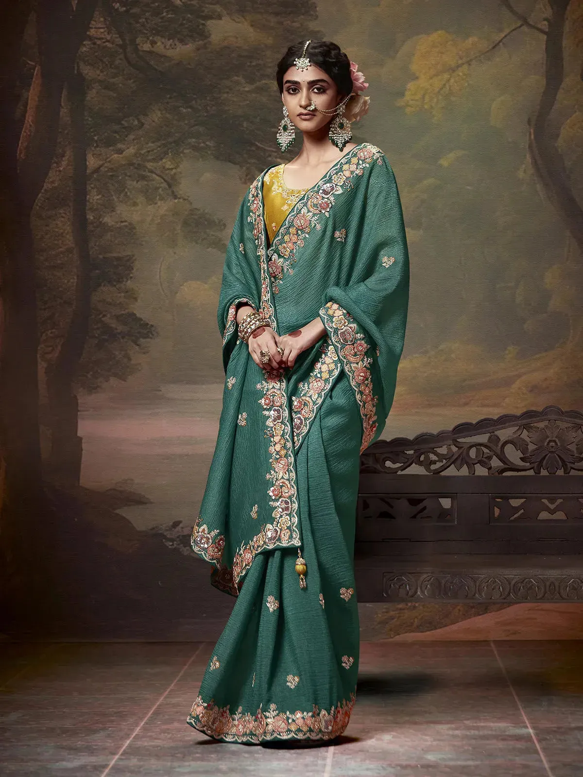 Elegant Aqua Green Embroidered Fancy Saree