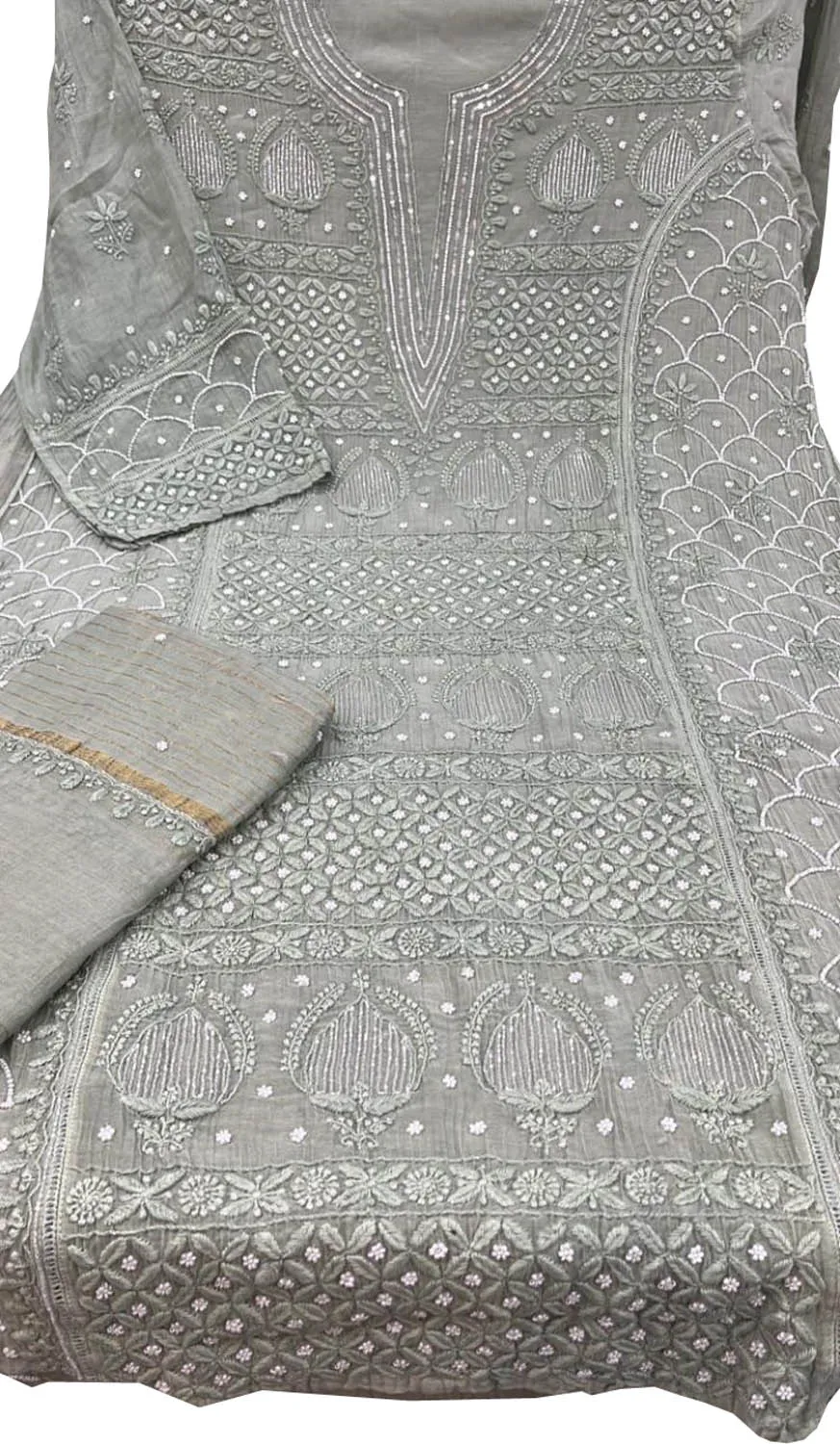 Elegant Grey Chikankari Chanderi Silk Suit Set with Beads & Sequins