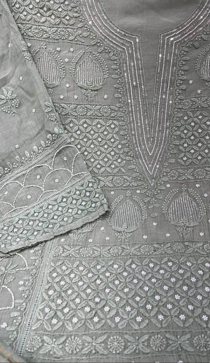 Elegant Grey Chikankari Chanderi Silk Suit Set with Beads & Sequins